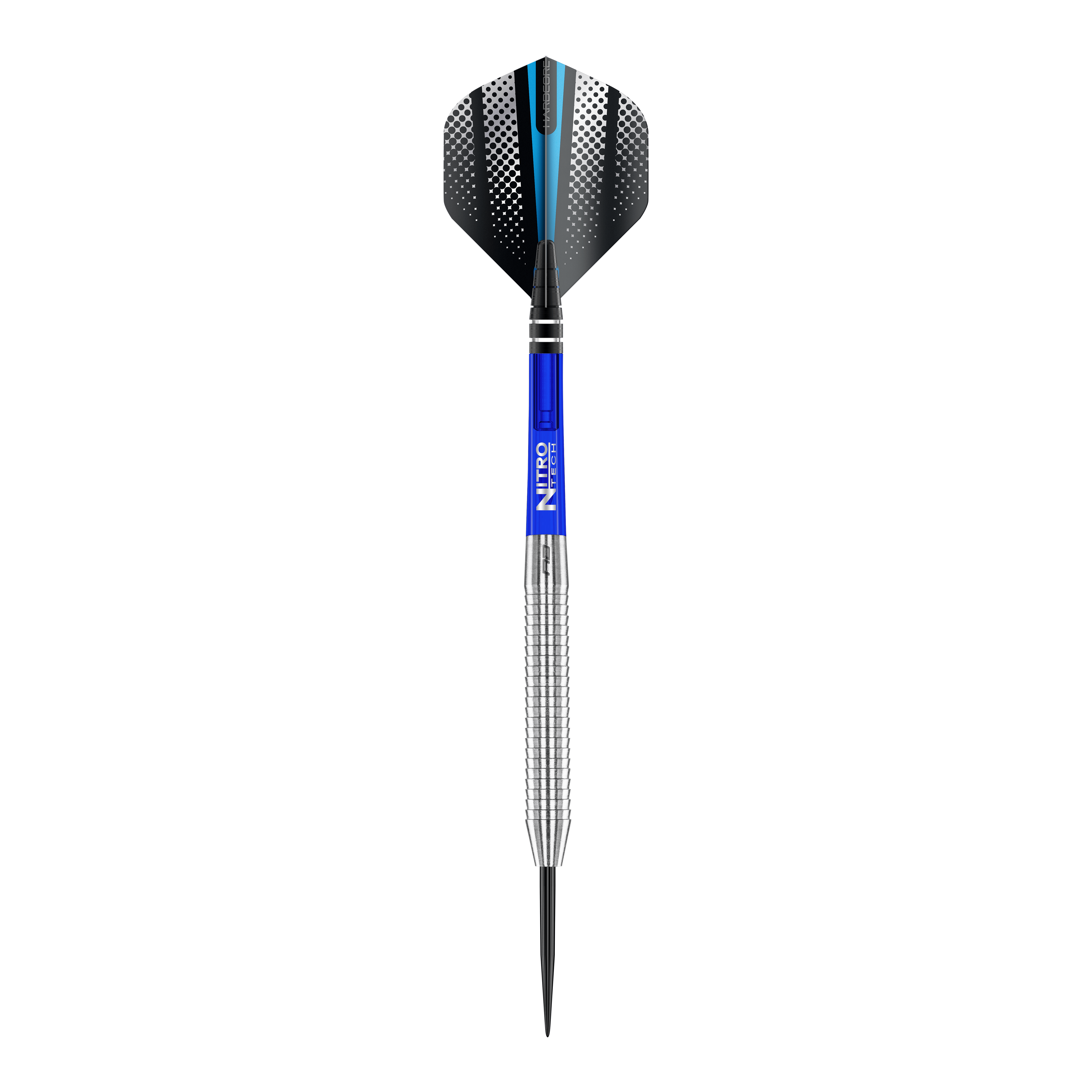 Šipky Red Dragon Razor Edge Original Steel Das Bild zeigt einen Red Dragon Razor Edge Original Steeldart mit einem Gewicht von 24g. Der Dart hat einen silbernen, geriffelten Schaft, einen blauen Mittelteil und schwarze Flights mit weißen Punkten und einem blauen Streifen.