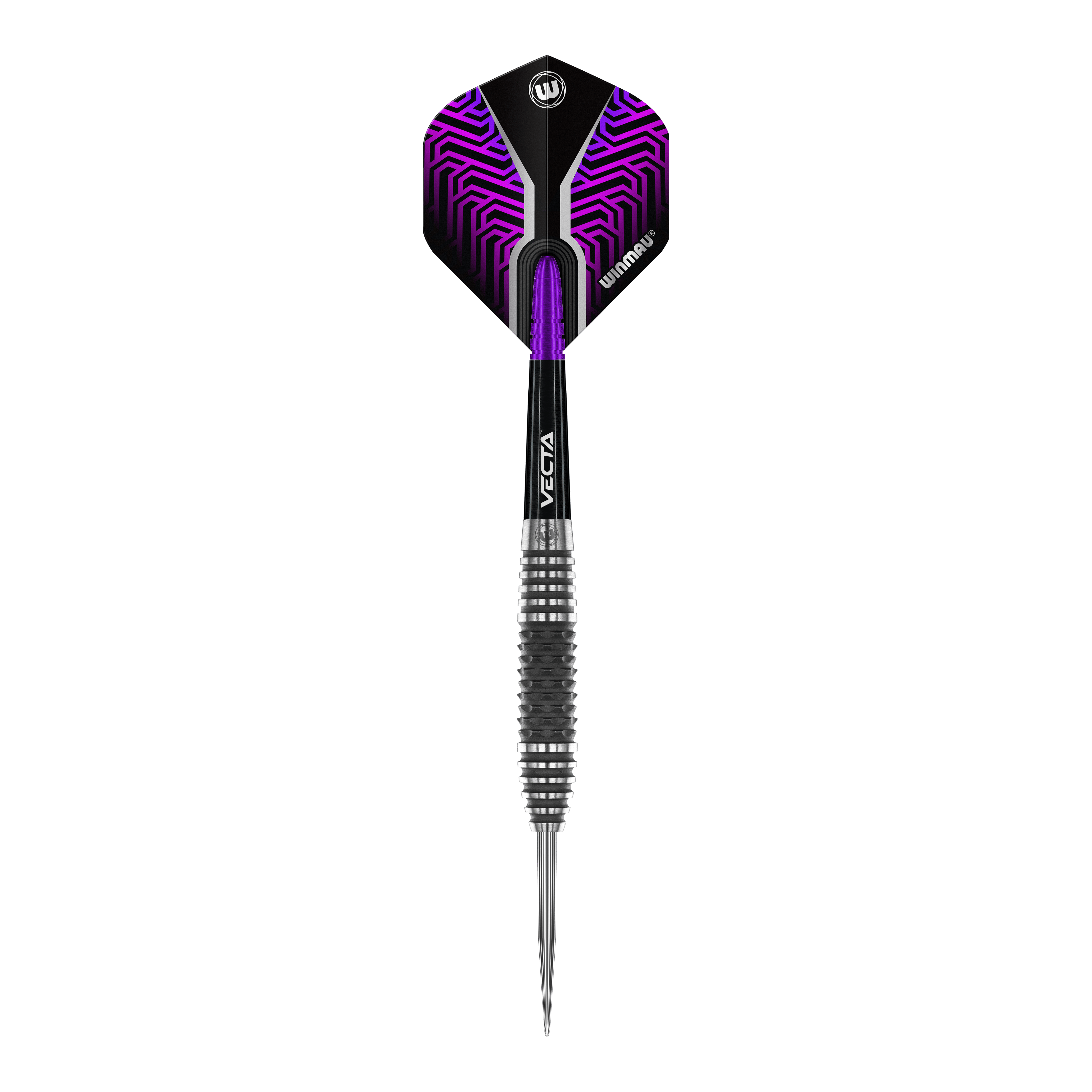 Ocelové šipky Winmau Kairos 01 Auf dem Bild ist ein Winmau Kairos 01 Steeldart zu sehen. Der Dartpfeil hat ein modernes Design mit schwarzem und lila Muster am Flight.