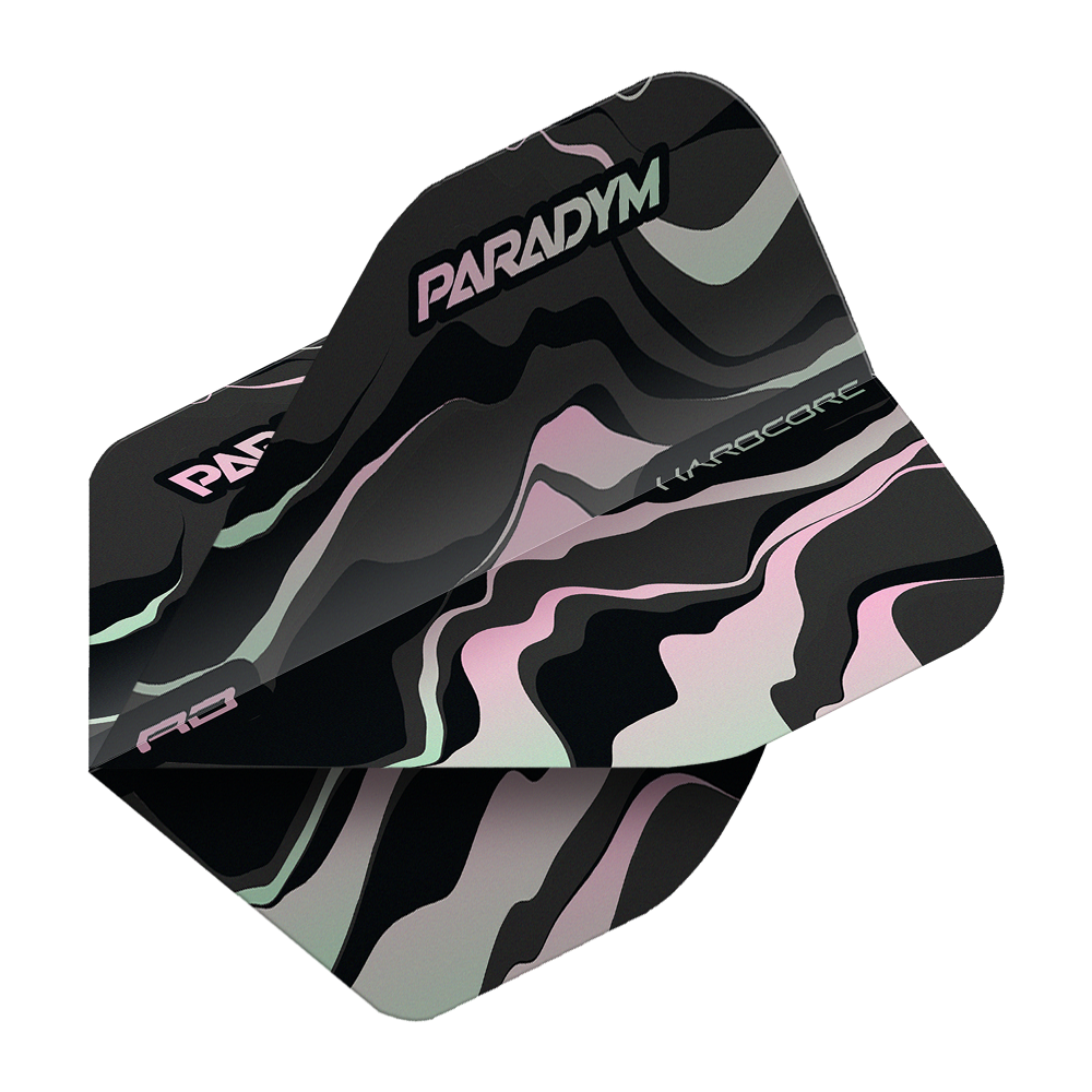 Das Bild zeigt die Red Dragon Hardcore Paradym No2 Standard Flights für Darts. Die Flights haben ein modernes, wellenförmiges Muster in Schwarz, Grau und Rosa mit den Aufschriften "PARADYM" und "HARDCORE".
