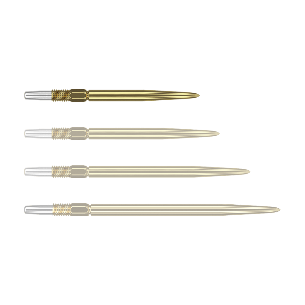 Das Bild zeigt vier goldene Dartspitzen, die nebeneinander ausgerichtet sind. Die Spitzen haben ein silbernes Gewinde am Ende.