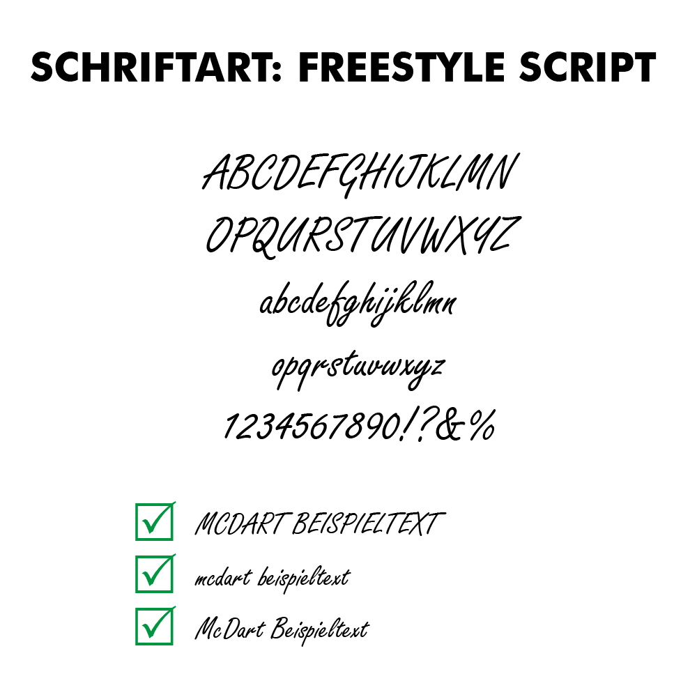 Flightdruck_Schriftart_Freestyle_Scriptng5X5F3EZwPWg Das Bild zeigt 4-seitig bedruckte Flights mit Wunschtext. Die Flights sind in klassischer Form gehalten.