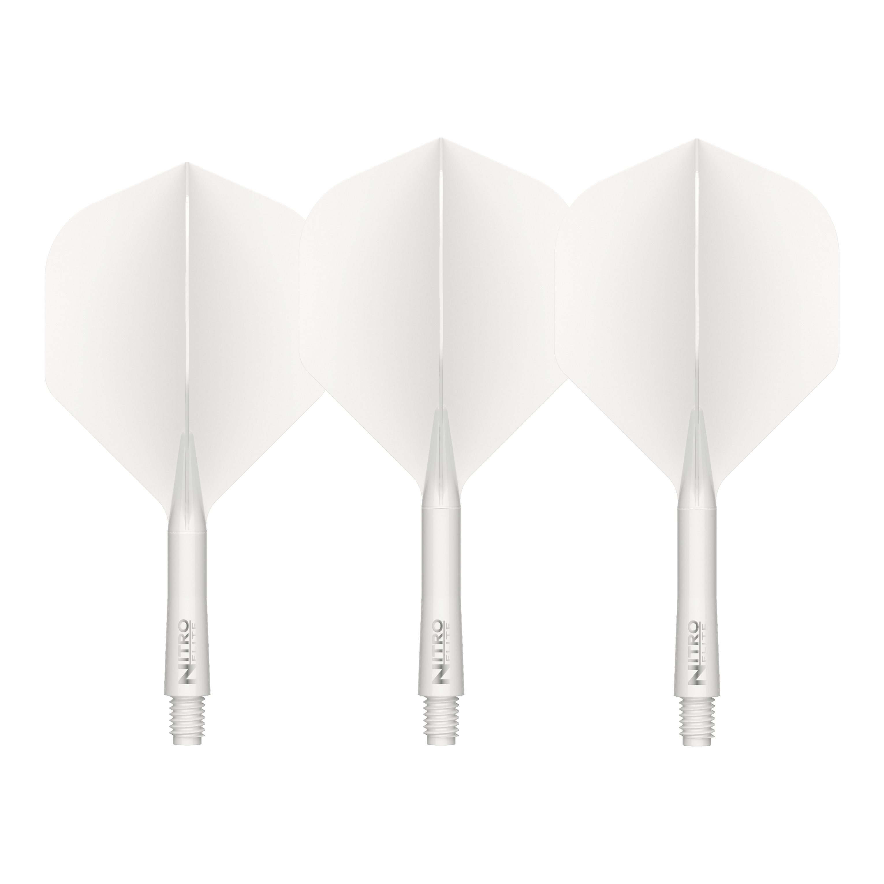 Abgebildet sind die Red Dragon Nitroflite White Shaft White Flights No2. Diese Flights und Shafts sind in Weiß gehalten.