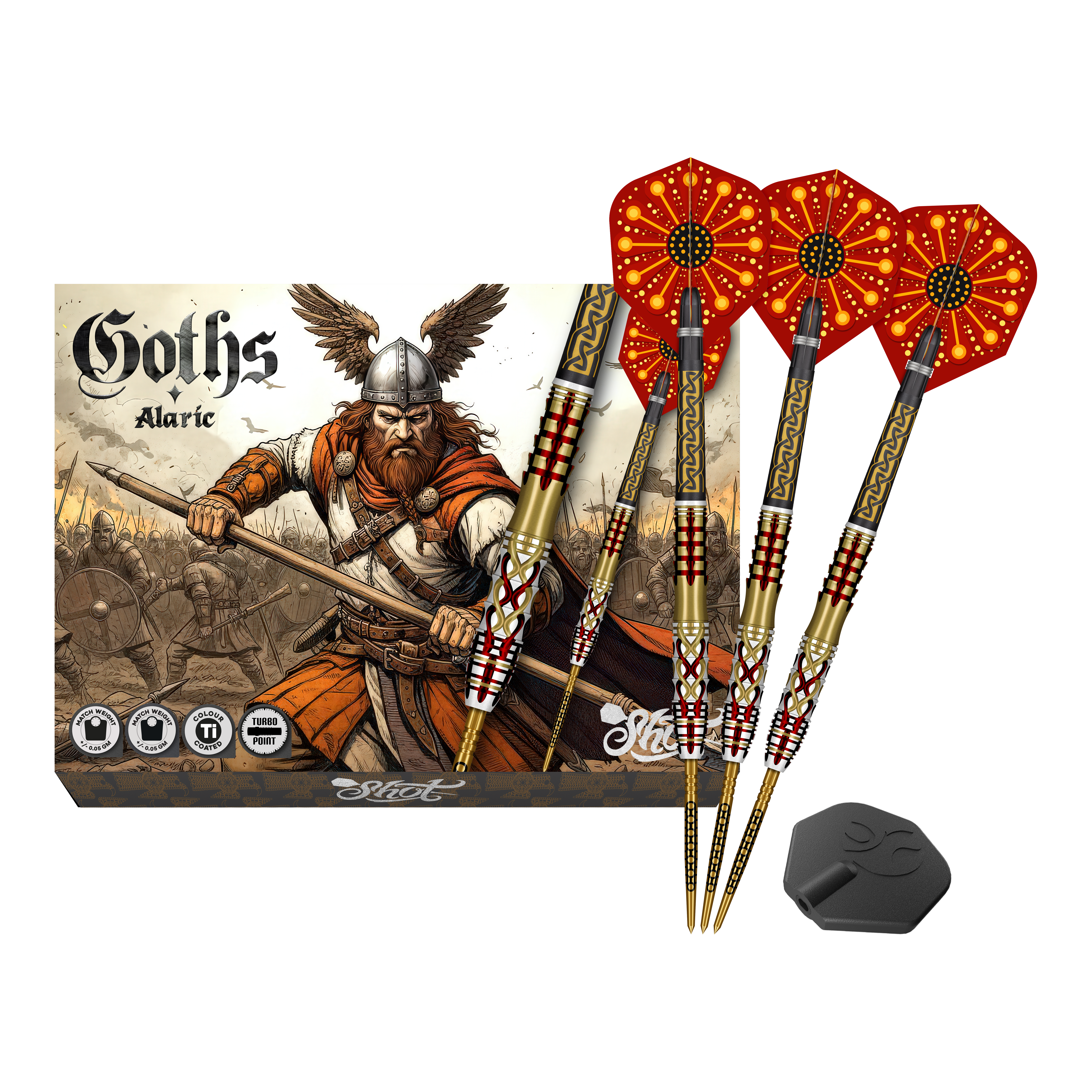 Ocelové šipky Shot Goths Alaric Turbo Point - 23g Abgebildet sind die Shot Goths Alaric Turbo Point Steeldarts - 23g. Die Darts eignen sich besonders für Steeldartspieler.
