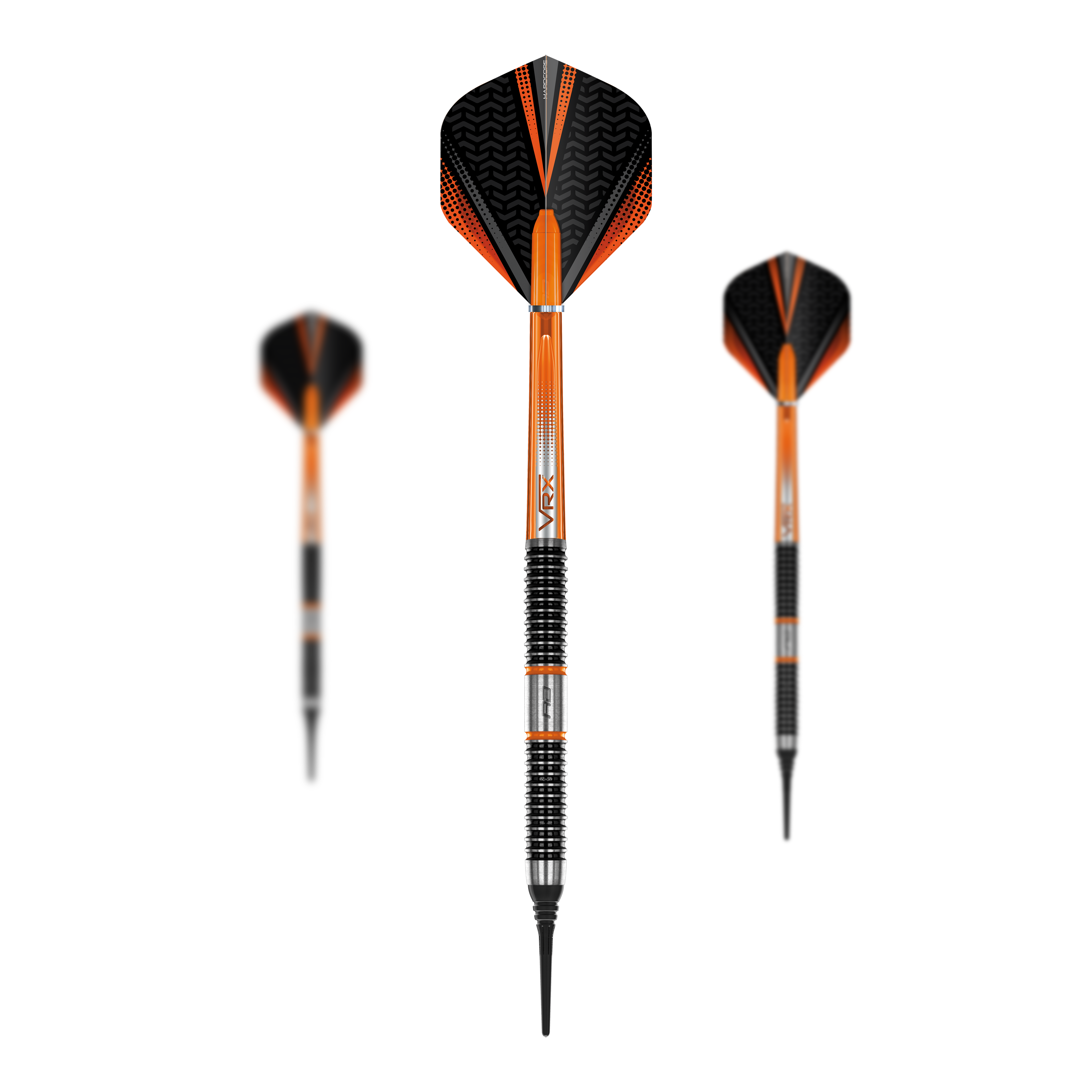 Šipky Red Dragon Amberjack 18 měkkých - 20g Das Bild zeigt drei Softdarts des Modells „Red Dragon Amberjack 18 Softdarts - 20g“. Die Darts sind überwiegend orange und schwarz mit silbernen Rillen am Griff.