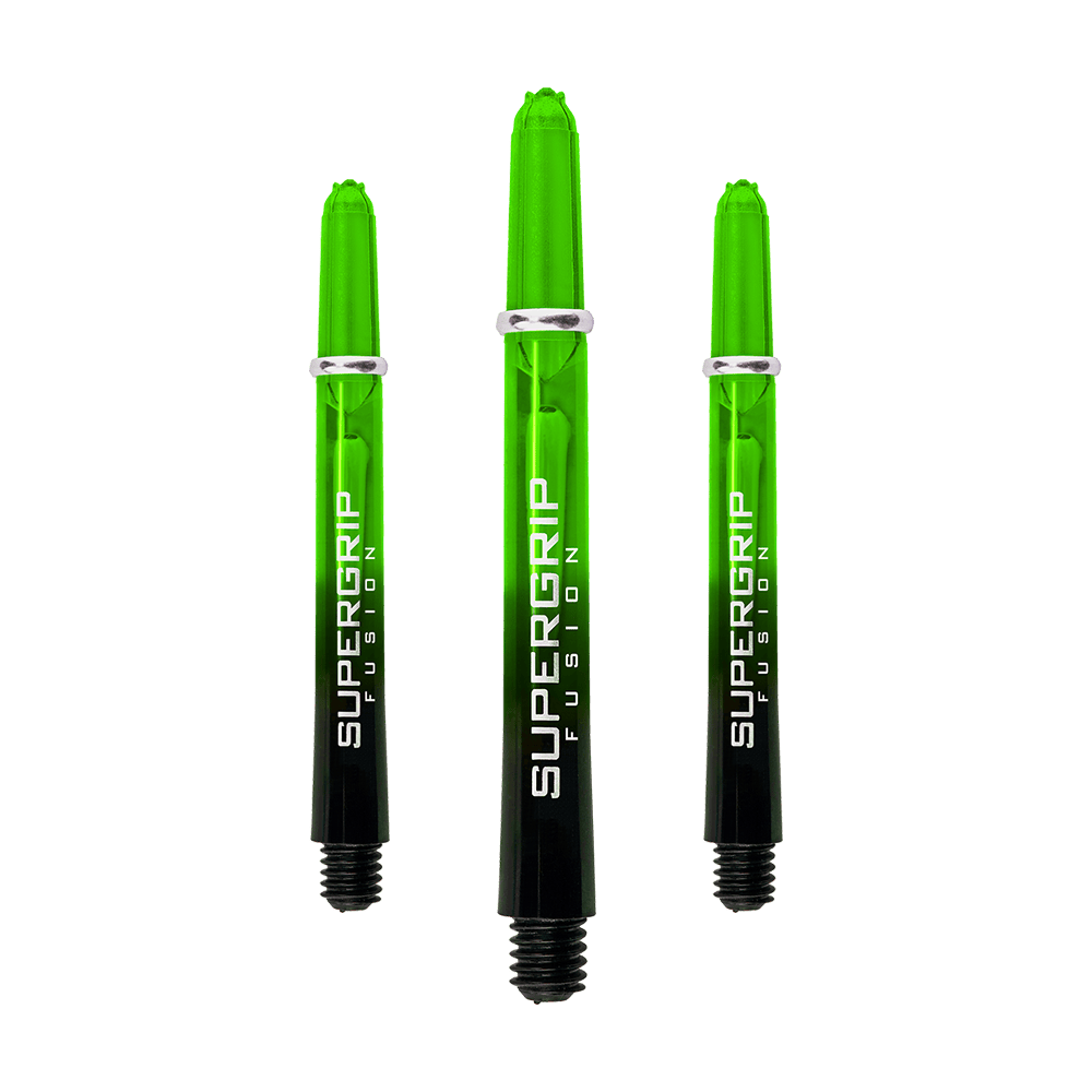 Das Bild zeigt drei grüne Harrows Supergrip Fusion Shafts für Dartpfeile. Die Shafts sind durchsichtig und haben einen schwarzen unteren Teil mit weißer Aufschrift.