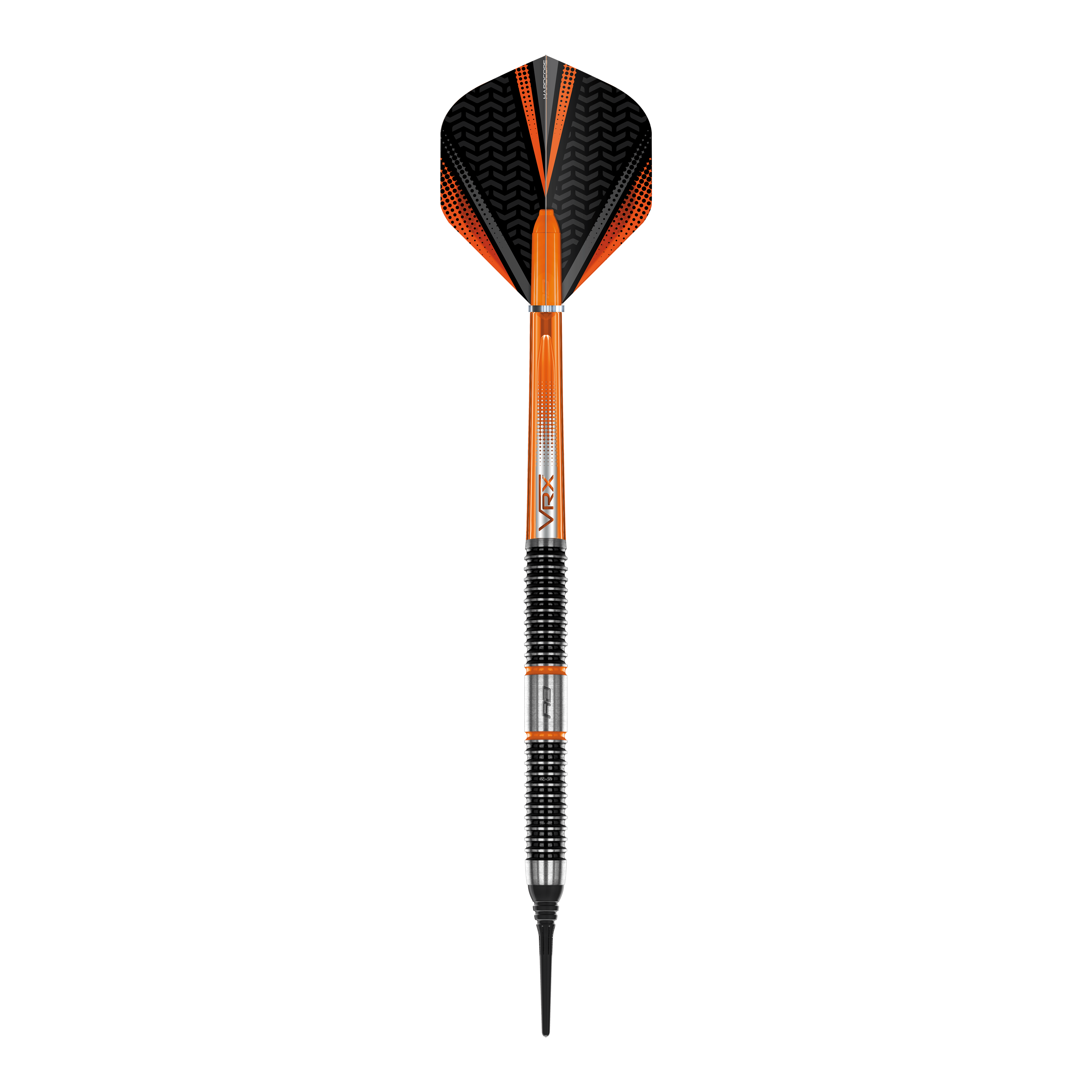 Šipky Red Dragon Amberjack 18 měkkých - 20g Das Bild zeigt einen Softdart aus der Serie "Red Dragon Amberjack 18" mit einem Gewicht von 20 Gramm. Der Dart ist überwiegend schwarz und orange gefärbt und verfügt über einen geriffelten Griffbereich.