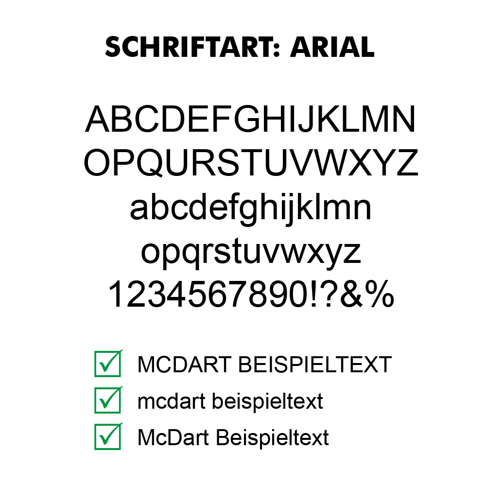 Flightdruck-Schriftart-ArialVAxAbbSrsONKb Beispiel eines Dart-Flights mit Arial-Schriftzug. Das Muster zeigt eine elegante Schriftart auf weißem Hintergrund.
