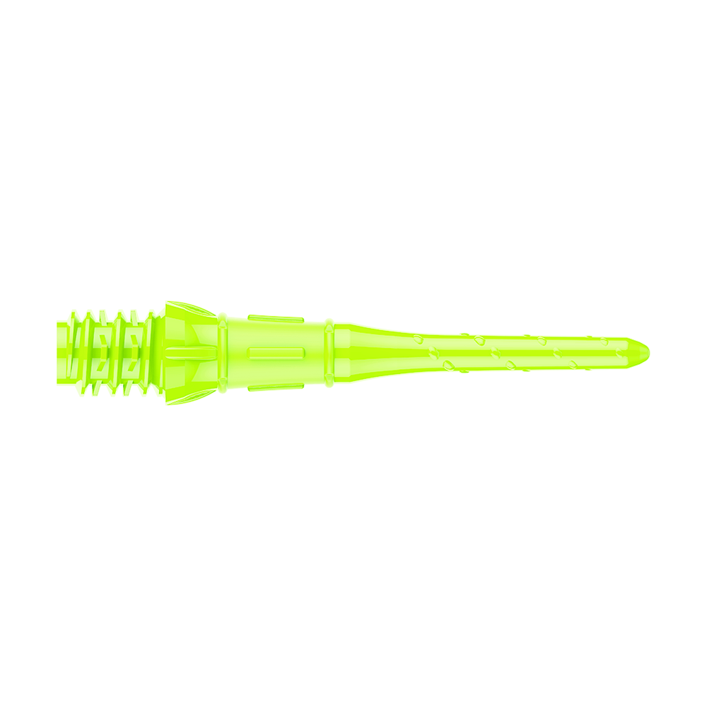 Das Bild zeigt eine neon-gelbe Dartspitze. Sie ist schmal, lang und hat ein geripptes Ende für den festen Halt im Dartbarrel.