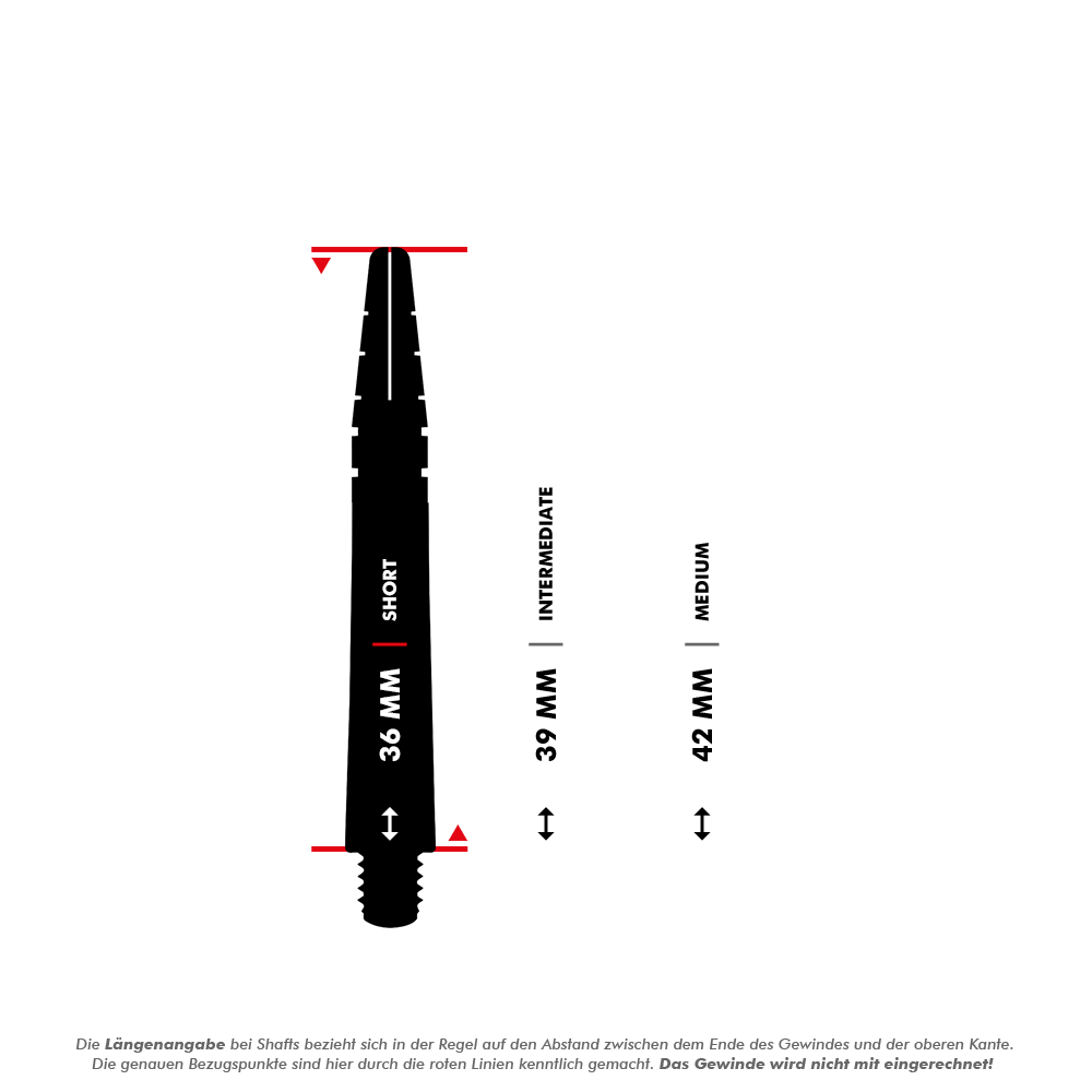 Red Dragon Nitrotech Luke Humphries Coolhand šachty - modré Das Bild zeigt einen Dart-Shaft mit einer Länge von 36 mm, gekennzeichnet als "Short". Neben dem Shaft sind zwei weitere Längen (39 mm "Intermediate" und 42 mm "Medium") mit Pfeilen und Markierungen dargestellt.