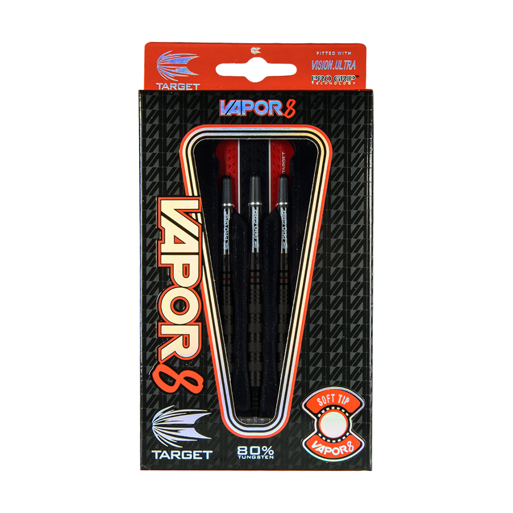 Das Bild zeigt eine Verpackung der Target Vapor8 03 Softdarts mit einem Gewicht von 19g. Die Darts sind in einer schwarz-roten Box sichtbar und bestehen zu 80% aus Tungsten.