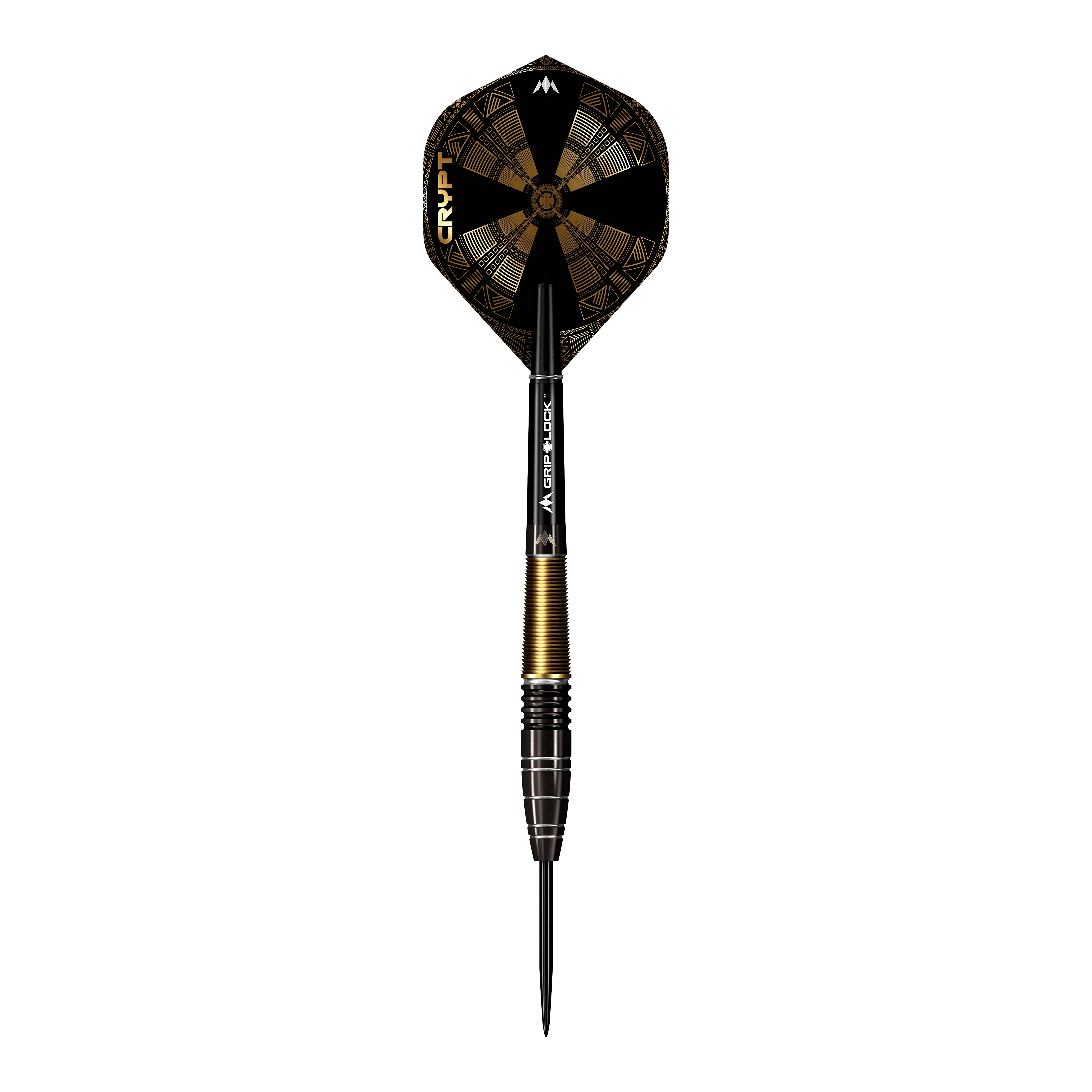 Ocelové šipky Mission Crypt Model 1 - 22g Das Bild zeigt einen Mission Crypt Model 1 Steeldart mit einem Gewicht von 22g. Der Dart ist schwarz-gold gefärbt und hat ein geometrisches Design auf dem Flight.