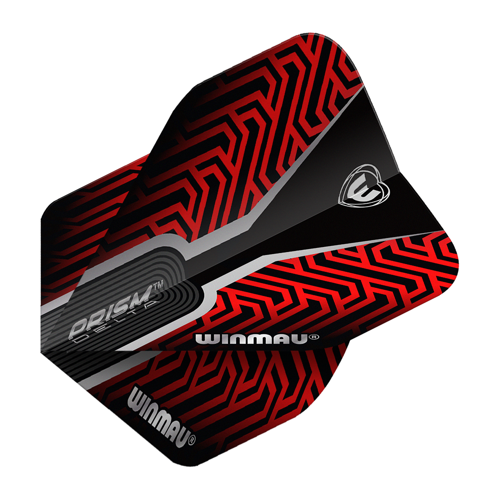 Das Bild zeigt ein Winmau Prism Delta Kairos No2 Standard Dart-Flight in Rot. Das Flight hat ein auffälliges, geometrisches Muster in Rot und Schwarz mit dem Winmau-Logo.