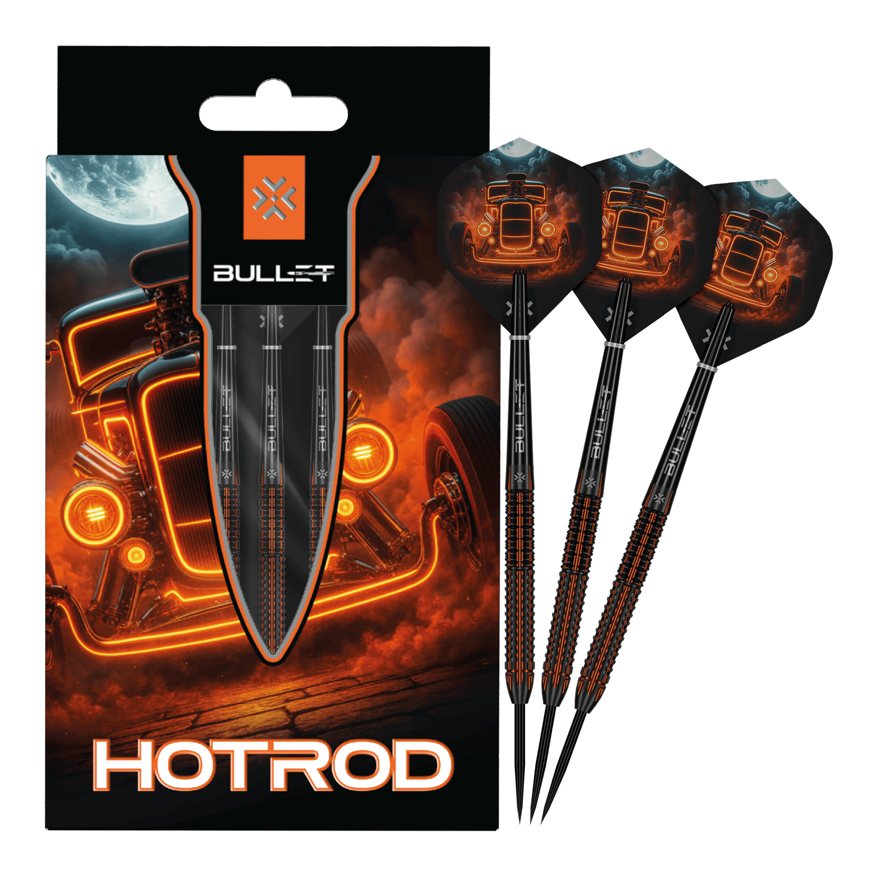 Ocelové šipky Bullet Hotrod Bullet Hotrod Steeldarts sind zu sehen. Das Bild zeigt das vollständige Set der Steeldarts.
