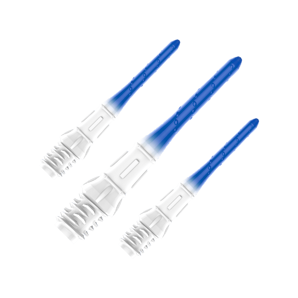 Špičky na šipky L-Style Premium s gradačním hrotem Lippoint (balení 30 kusů) Das Bild zeigt vier Dartspitzen mit einem Farbverlauf von Weiß zu Blau. Sie sind ordentlich in einer Kunststoffhalterung angeordnet.