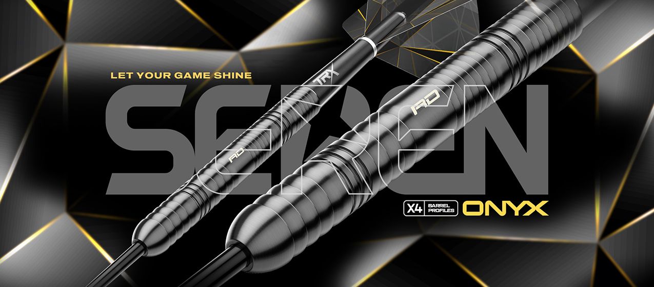 Das Bild zeigt zwei schwarze Dartpfeile mit metallischem Glanz vor einem geometrisch gemusterten Hintergrund. In großen Buchstaben steht "SEREN", und daneben sieht man die Wörter "ONYX" und "X4 Barrel Profiles".