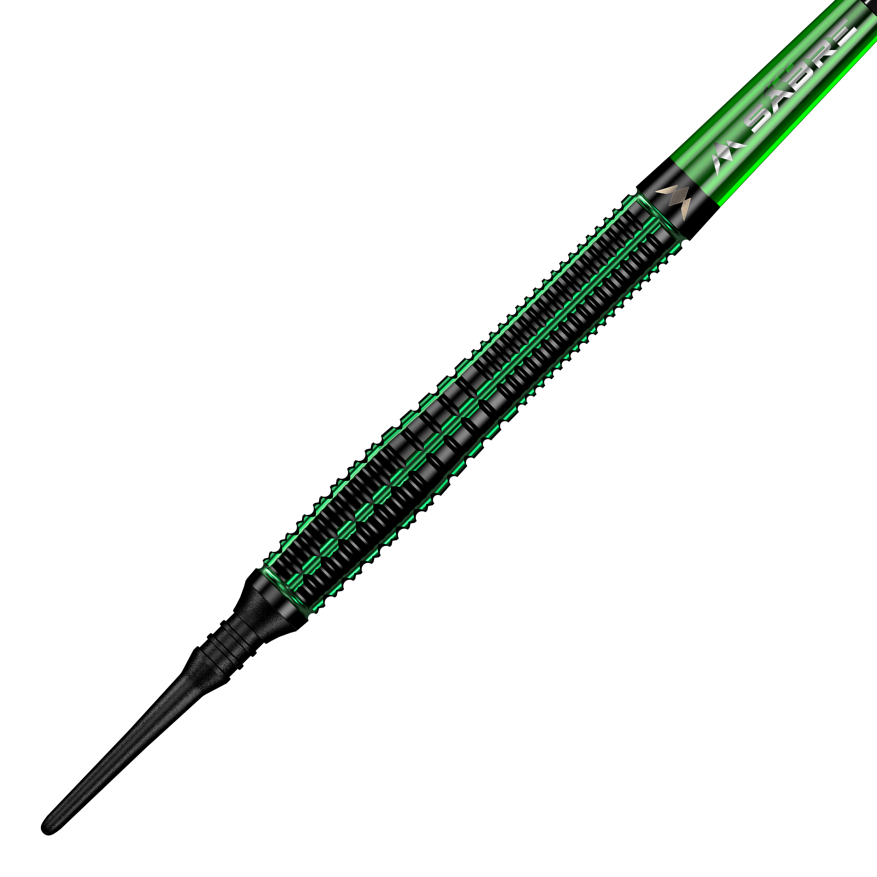Šipky Mission Venom Softdarts - 20g Das Bild zeigt einen Mission Venom Softdart mit einem Gewicht von 20 Gramm. Der Dart ist überwiegend schwarz mit grünen Akzenten und einem schlanken Design.