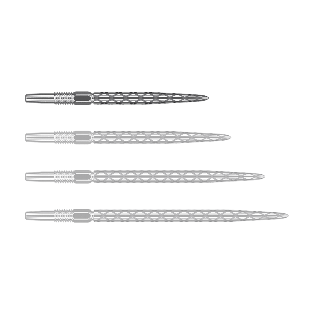 Zaměřte hroty šipek Swiss Diamond Pro Silver Points Das Bild zeigt vier silberne Dartspitzen mit einem rautenförmigen Muster. Sie sind nebeneinander auf weißem Hintergrund angeordnet.