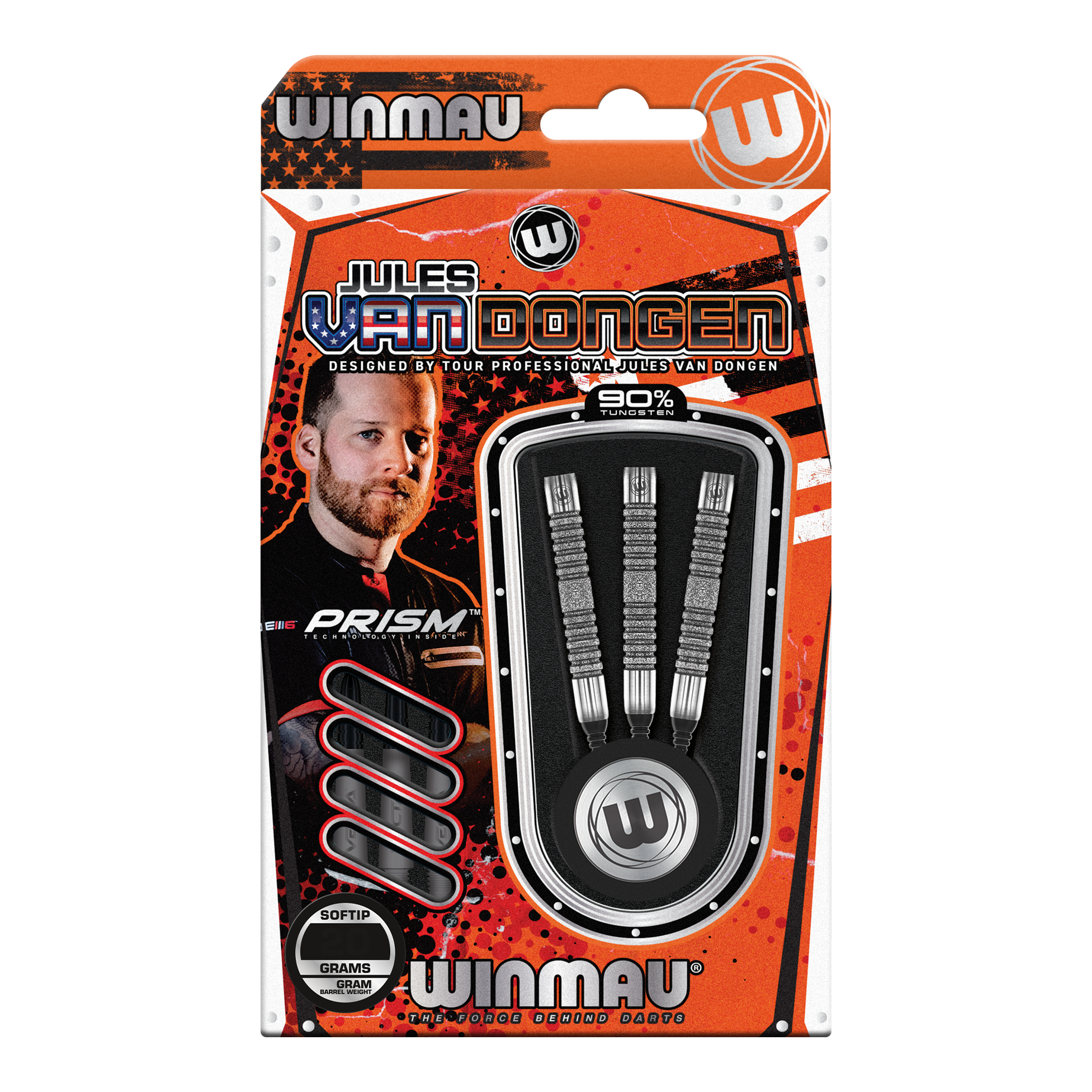 Winmau Jules Van Dongen měkké šipky - 20g Das Bild zeigt eine Verpackung der "Winmau Jules Van Dongen Softdarts - 20g". In der Packung befinden sich drei Softdarts mit 90% Tungsten.