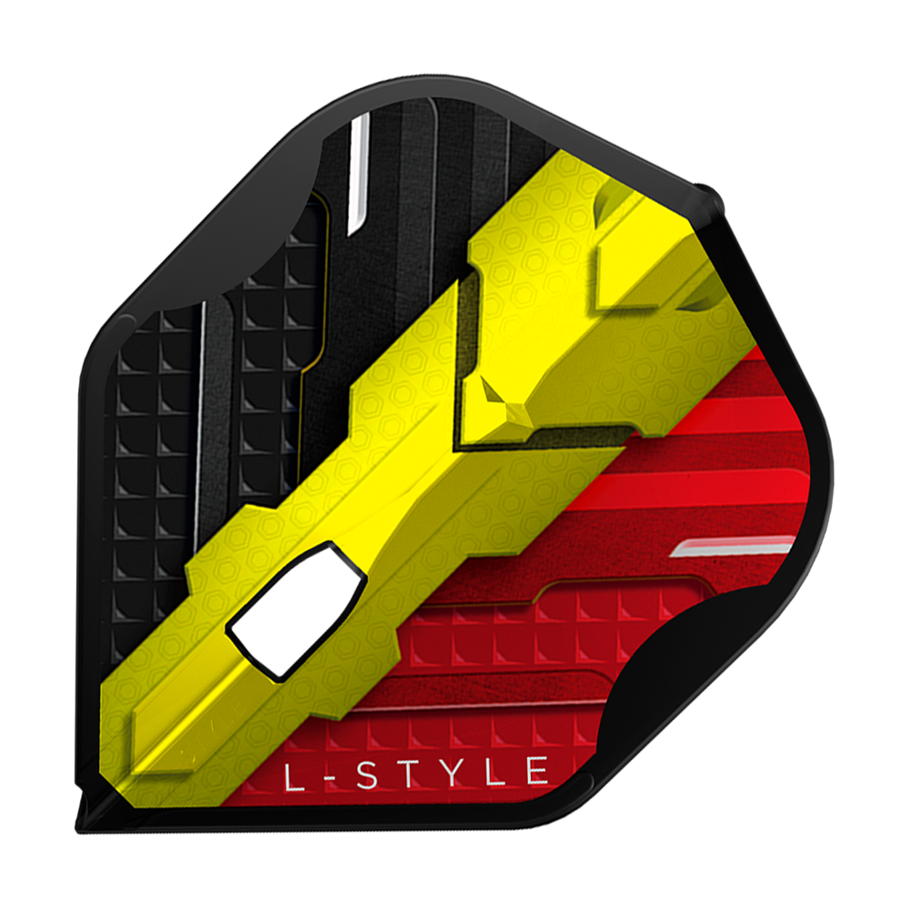 Das Bild zeigt ein L-Style V-Series V1 Type C Belgium Black L1PRO Flight. Das Flight ist in den Farben Schwarz, Gelb und Rot gestaltet, ähnlich der belgischen Flagge.