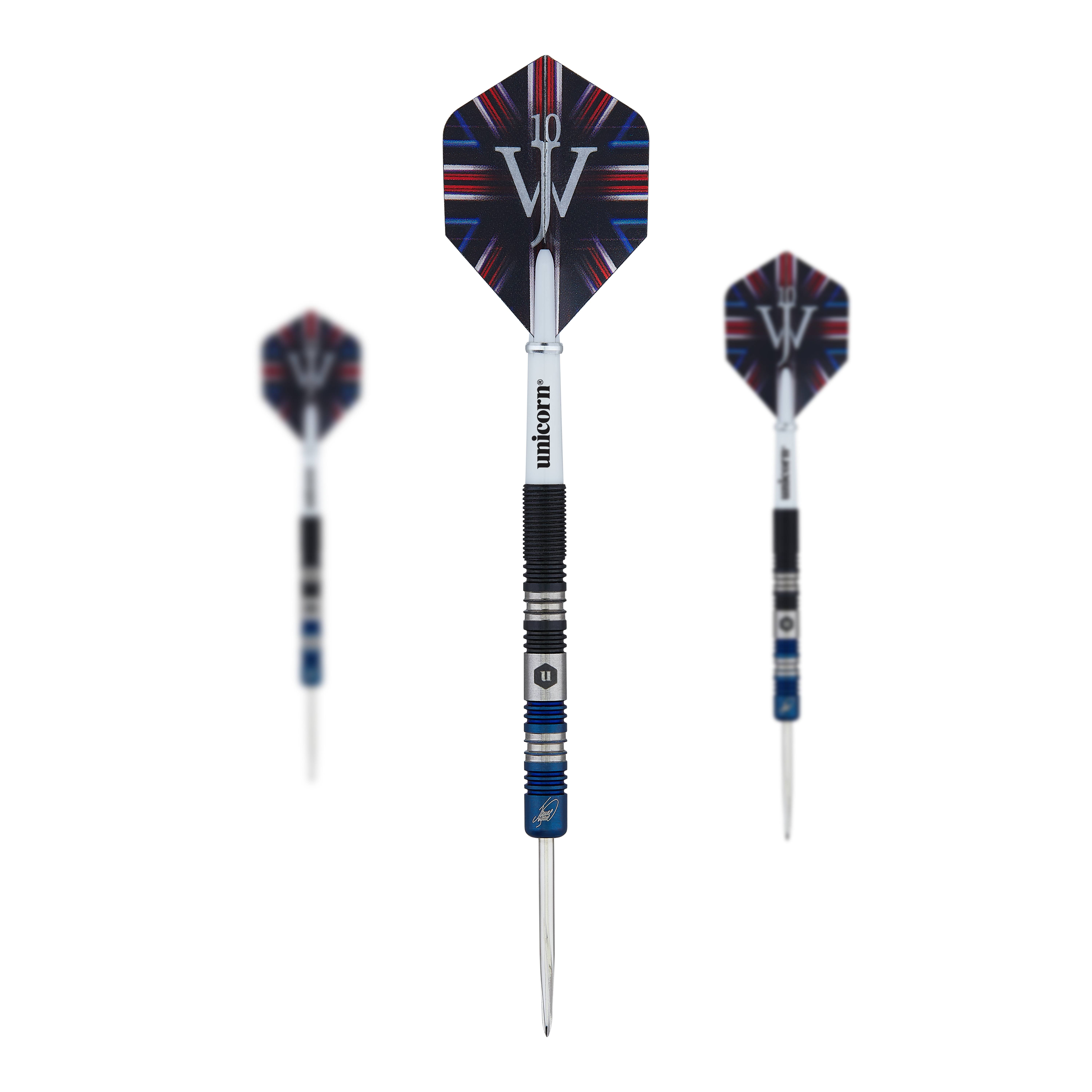 Šipky Unicorn The Machine James Wade dvoubarevné ocelové Das Bild zeigt drei Steeldarts des Modells "Unicorn The Machine James Wade Two-Tone". Die Darts haben schwarze und blaue Details und tragen das Logo sowie den Namen des Herstellers auf dem Schaft.