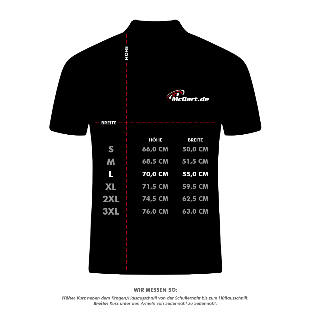 Winmau_Pro-Line_Hoodie_5_L8kESMx78MepLM Das Bild zeigt ein schwarzes T-Shirt mit Größen- und Maßangaben für die Höhe und Breite in Zentimetern. Auf dem T-Shirt ist das Logo "McDart.de" abgebildet und die Maße sind für die Größen S bis 3XL angegeben.