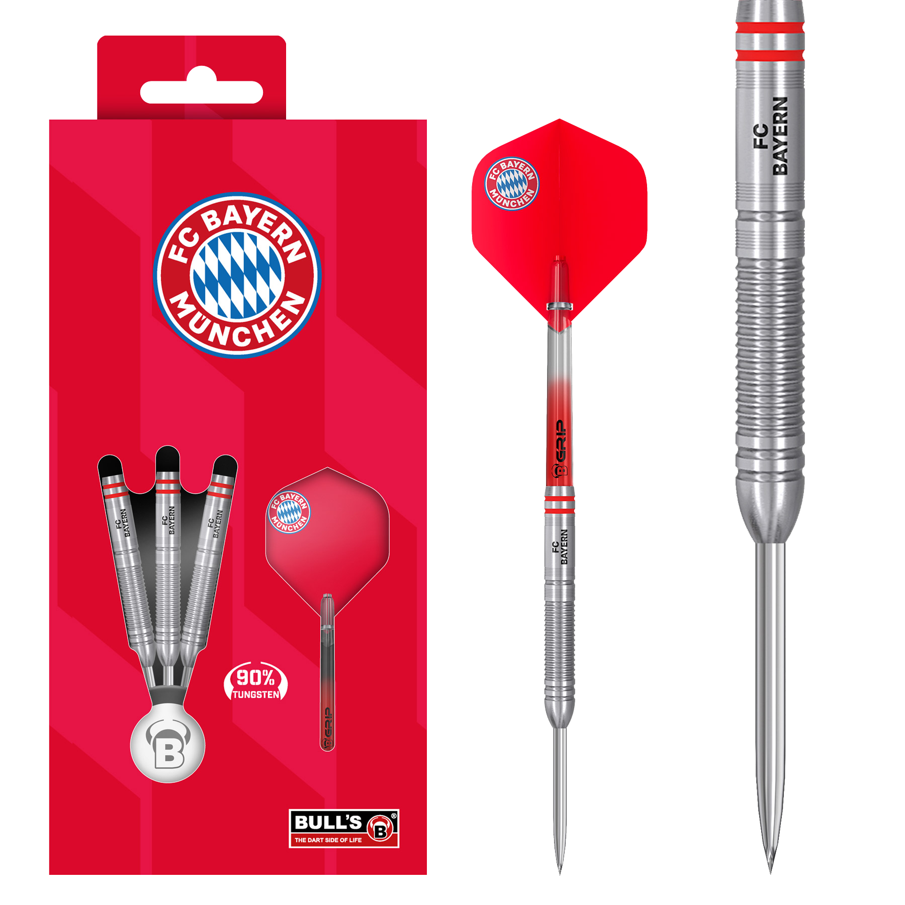 Bulls FC Bayern Mnichov Tungsten Steel Šipky Zu sehen sind die Bulls FC Bayern München Tungsten Steeldarts. Das Produkt spricht Dartspieler und Bayern München Fans an.