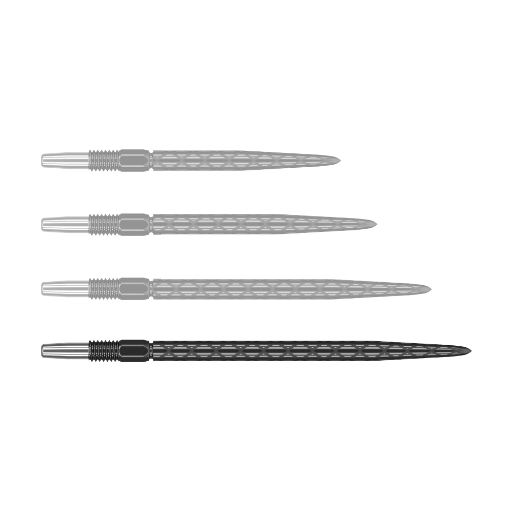 Zaměřte hroty šipek Swiss Diamond Pro Black Points Auf dem Bild sind vier schwarze Dartspitzen mit einem diamantförmigen Muster zu sehen. Sie sind in einer waagerechten Reihe angeordnet.