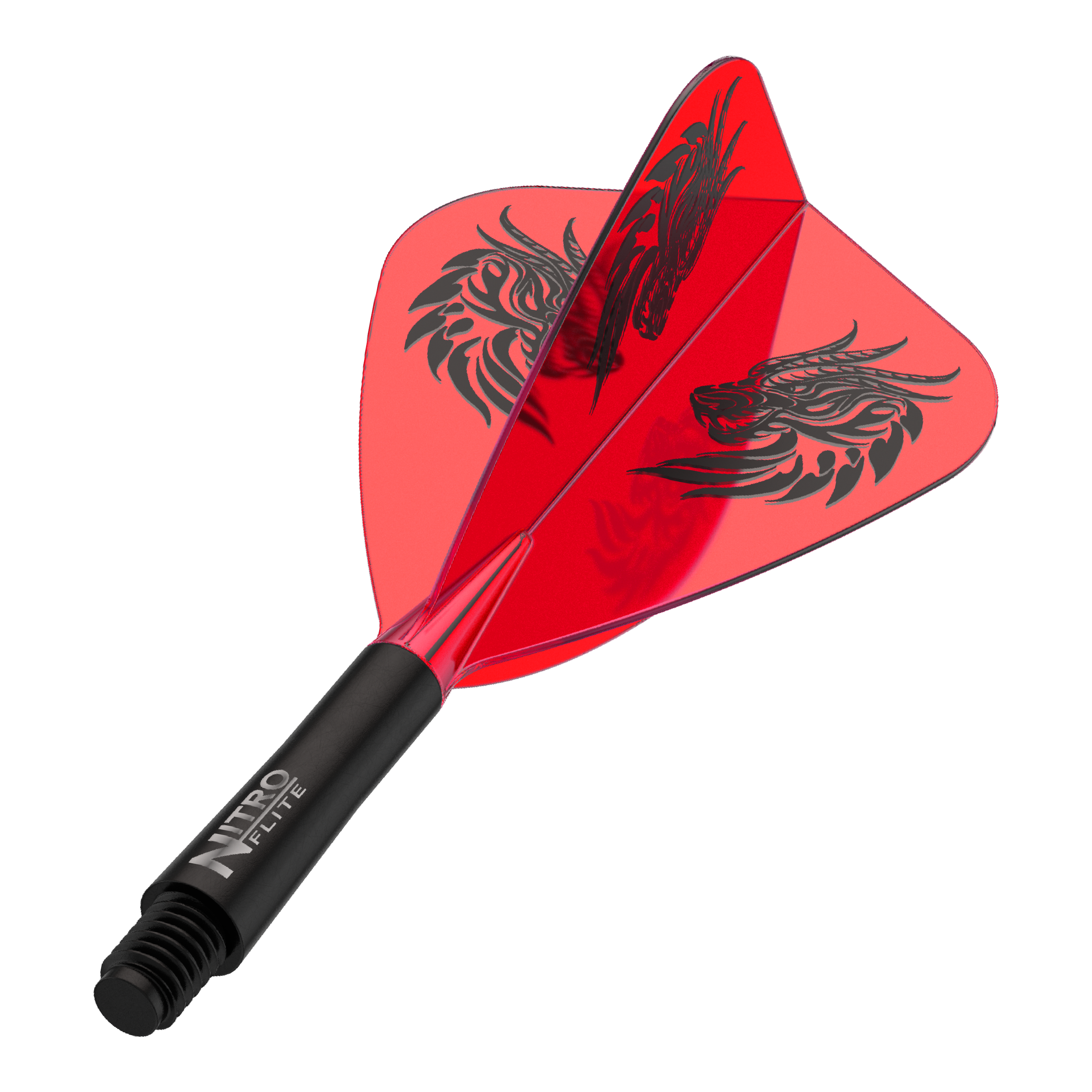 Red Dragon Nitro Flite - Lety s drakem Jonnyho Claytona Dart-Flights zu sehen, vermutlich Jonny Clayton Kite Flights in kurzer Variante. Die Flights sind in dunklem Design gehalten.
