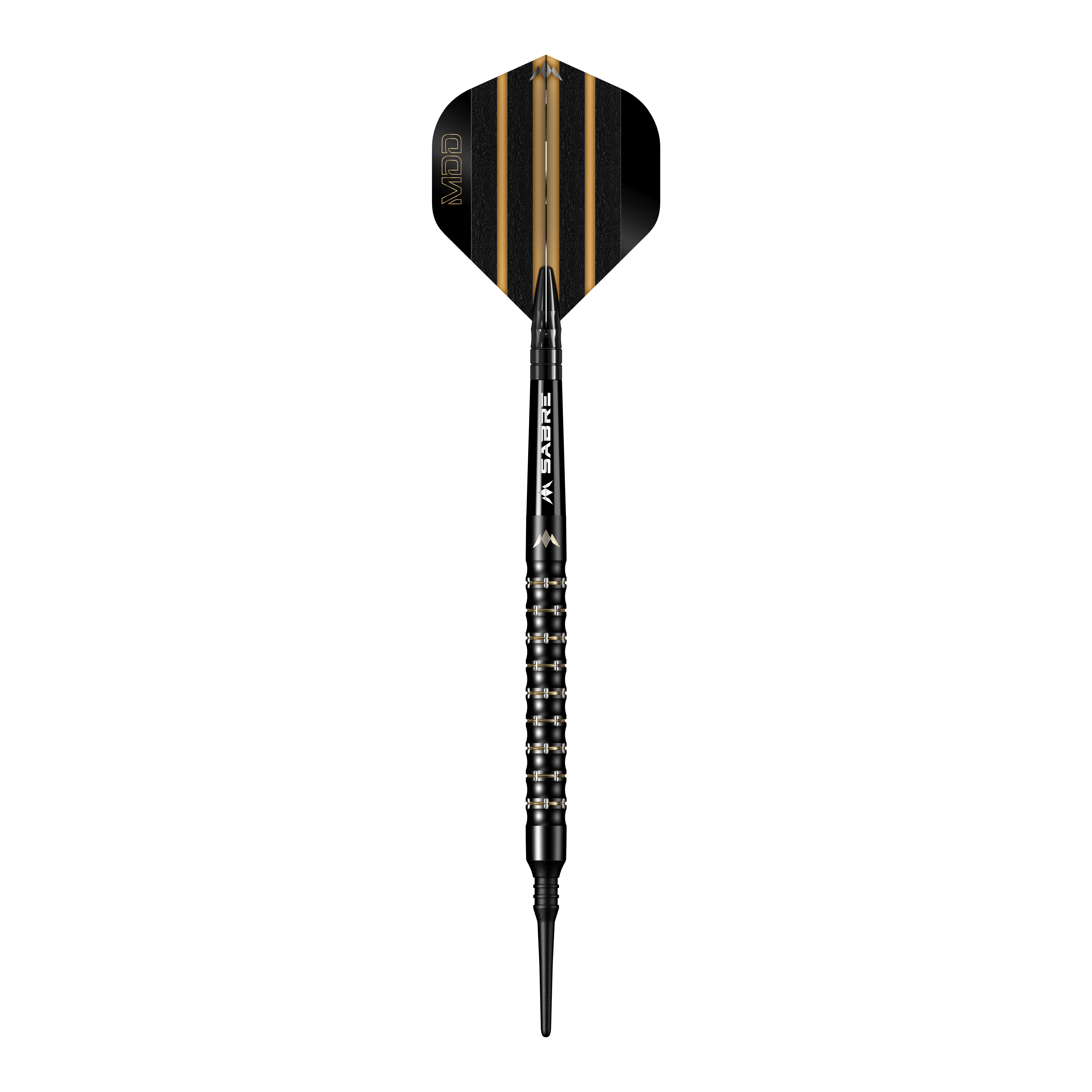 Šipky Mission Mike De Decker MDD Black Gold Soft - 20g Das Bild zeigt einen Softdartpfeil namens "Mission Mike De Decker MDD Black Gold Softdarts - 20g". Der Pfeil ist schwarz mit goldenen Akzenten und hat eine schmale Spitze.