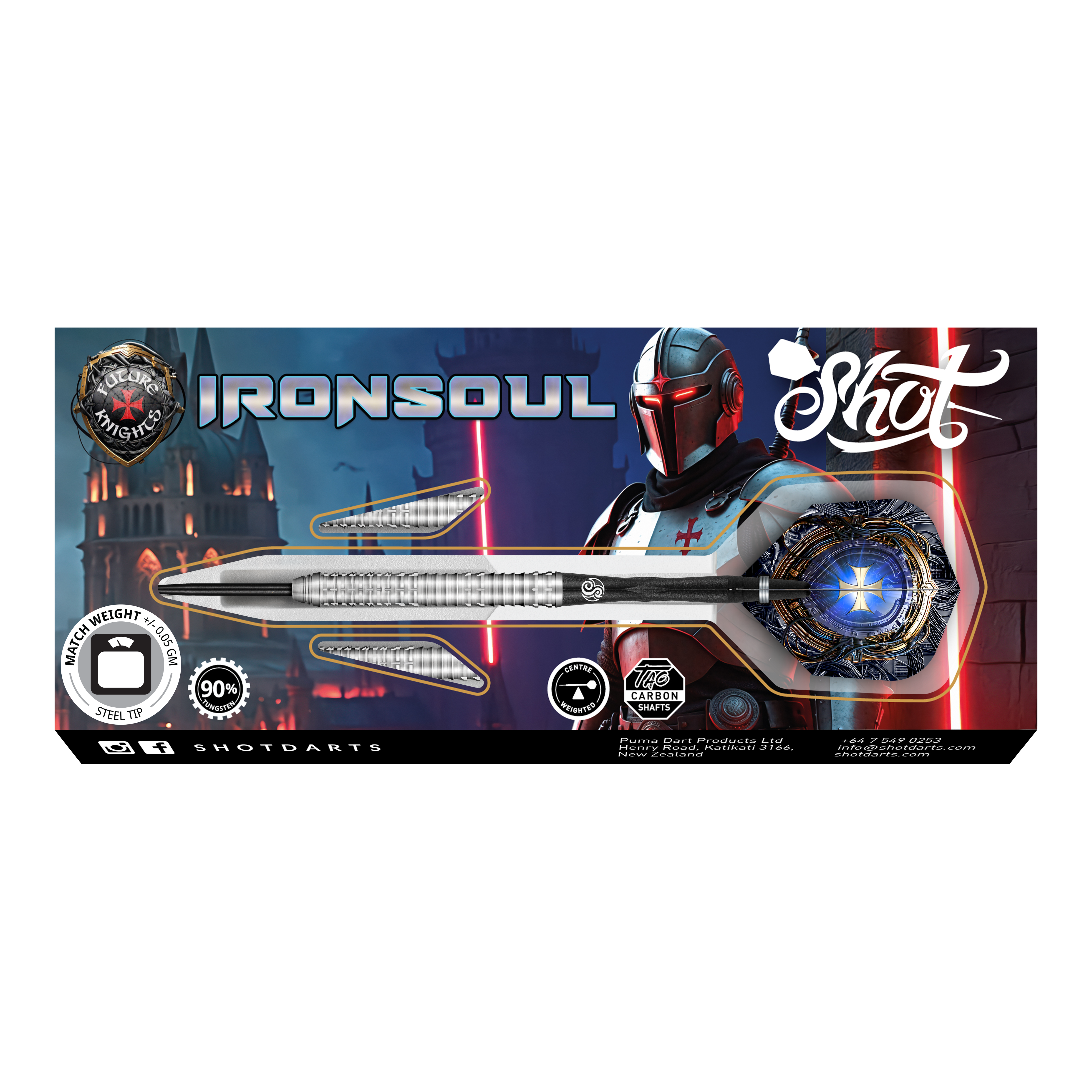Das Bild zeigt die Verpackung der "Shot Future Knights Ironsoul Steeldarts". Im Hintergrund ist ein futuristischer Ritter neben den abgebildeten Darts zu sehen.