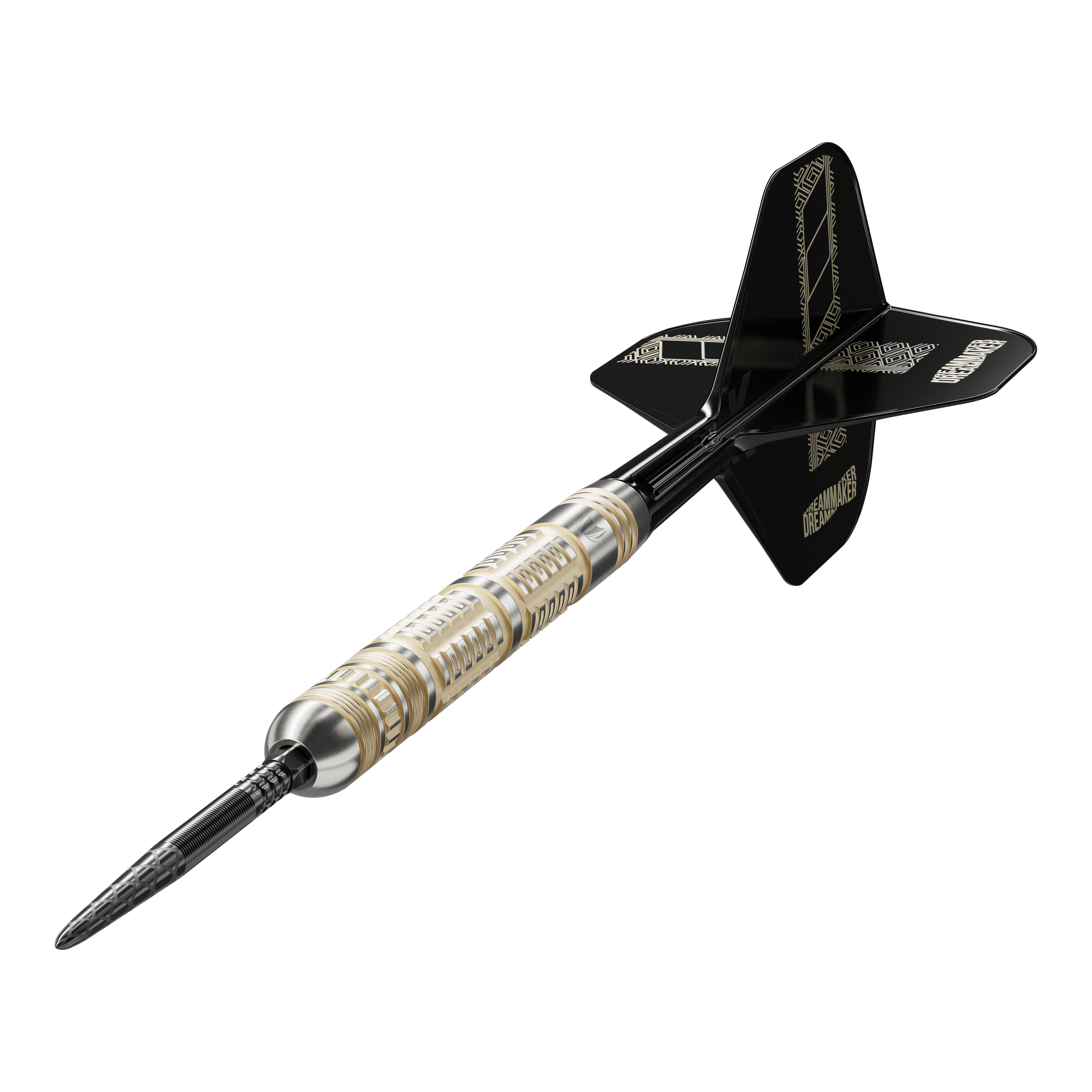 Das Bild zeigt die Target Dimitri Van Den Bergh 95K Swiss Point Steeldarts. Hier sieht man Form und Details der Steeldarts.