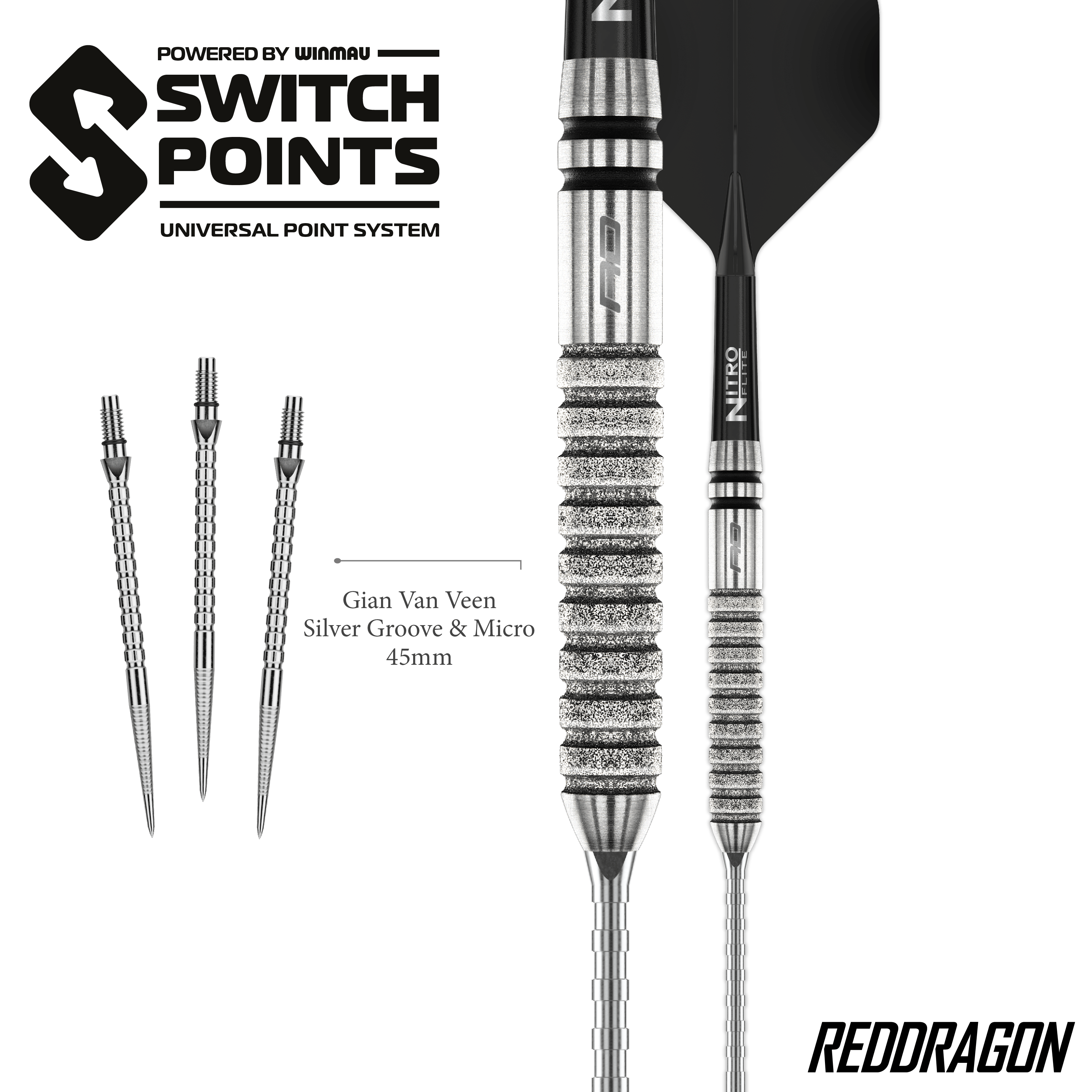 Ocelové šipky Red Dragon Gian Van Veen Tour Edition Switch Point - 21g Gezeigt werden die Red Dragon Gian Van Veen Tour Edition Switch Point Steeldarts - 21g aus einer anderen Perspektive. Das Design ist sportlich und funktional.
