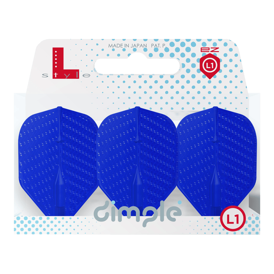 Letky ve stylu L Dimple Champagne L1EZ Standard Auf dem Bild sind drei blaue Dart-Flights in einer Verpackung zu sehen. Die Verpackung trägt die Aufschrift "dimple" und das Logo "L-style".