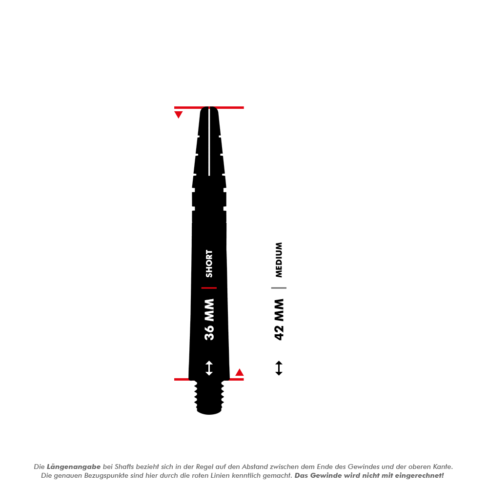 RDS440_Red_Dragon_Nitrotech_Shafts_5_36mmrilAsIuMshX8O Das Bild zeigt zwei Dartschäfte unterschiedlicher Länge, einen mit 36 mm (Short) und einen mit 42 mm (Medium). Die roten Linien markieren die Bezugspunkte für die Längenmessung, wobei das Gewinde nicht mitgerechnet wird.