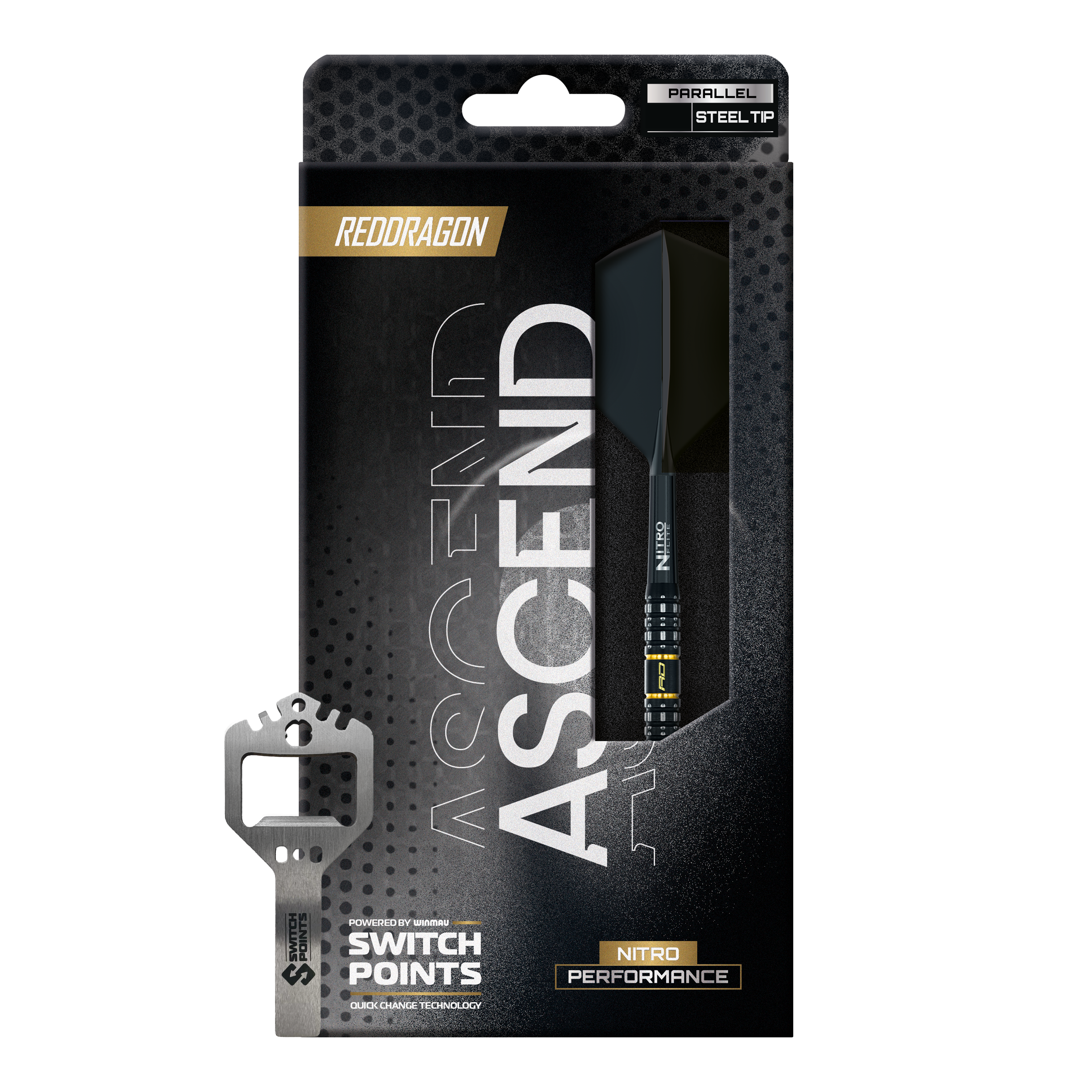 Ocelové šipky Red Dragon Ascend Parallel Switch Point Zu sehen sind drei Red Dragon Ascend Parallel Switch Point Steeldarts gruppiert in einer Reihe. Die Darts heben ihre hochwertige Verarbeitung hervor.