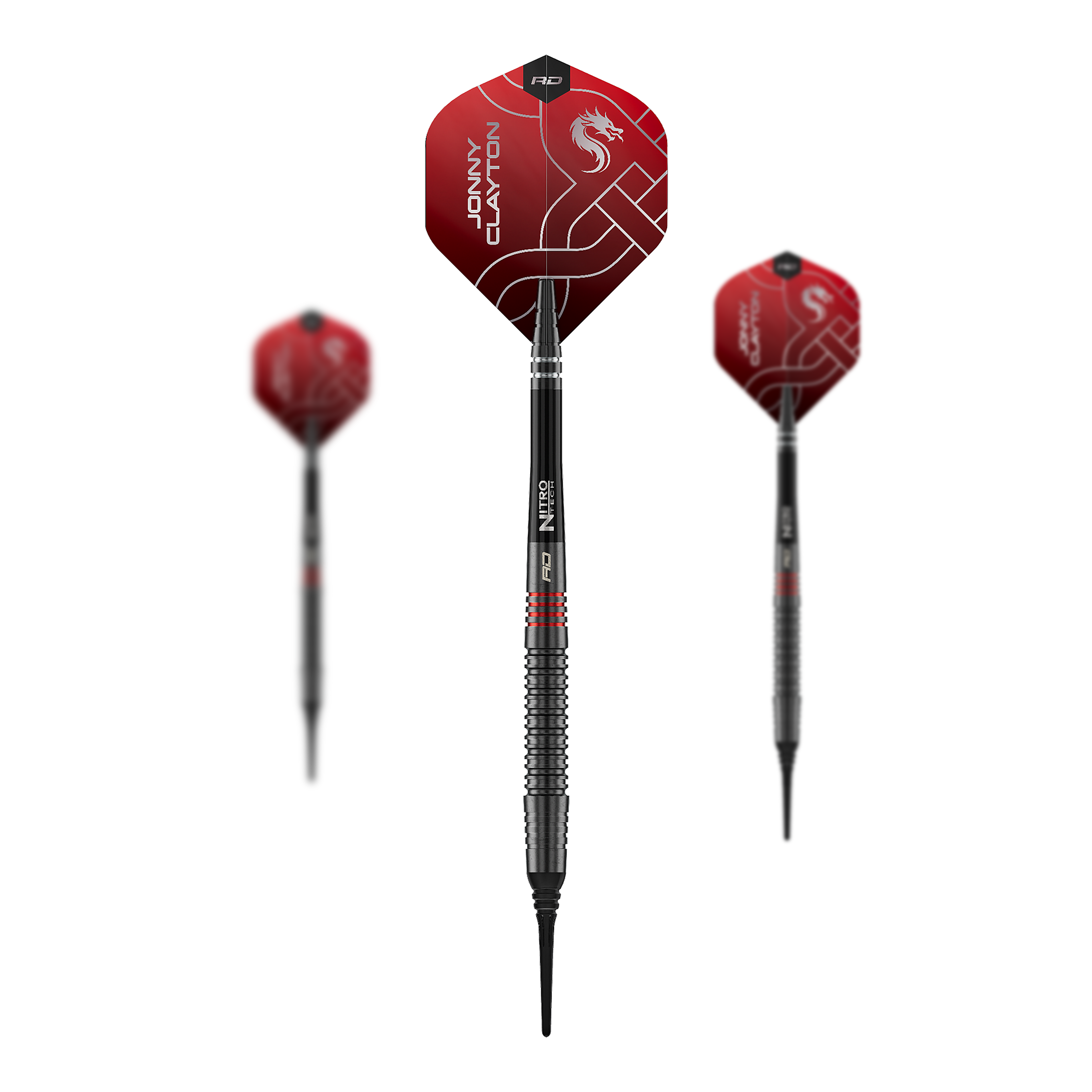 Měkké šipky Red Dragon Jonny Clayton RD-ADV - 18g Auf dem Foto ist das Set der Red Dragon Jonny Clayton RD-ADV Softdarts - 18g zu sehen. Drei Softdarts liegen nebeneinander als Set.