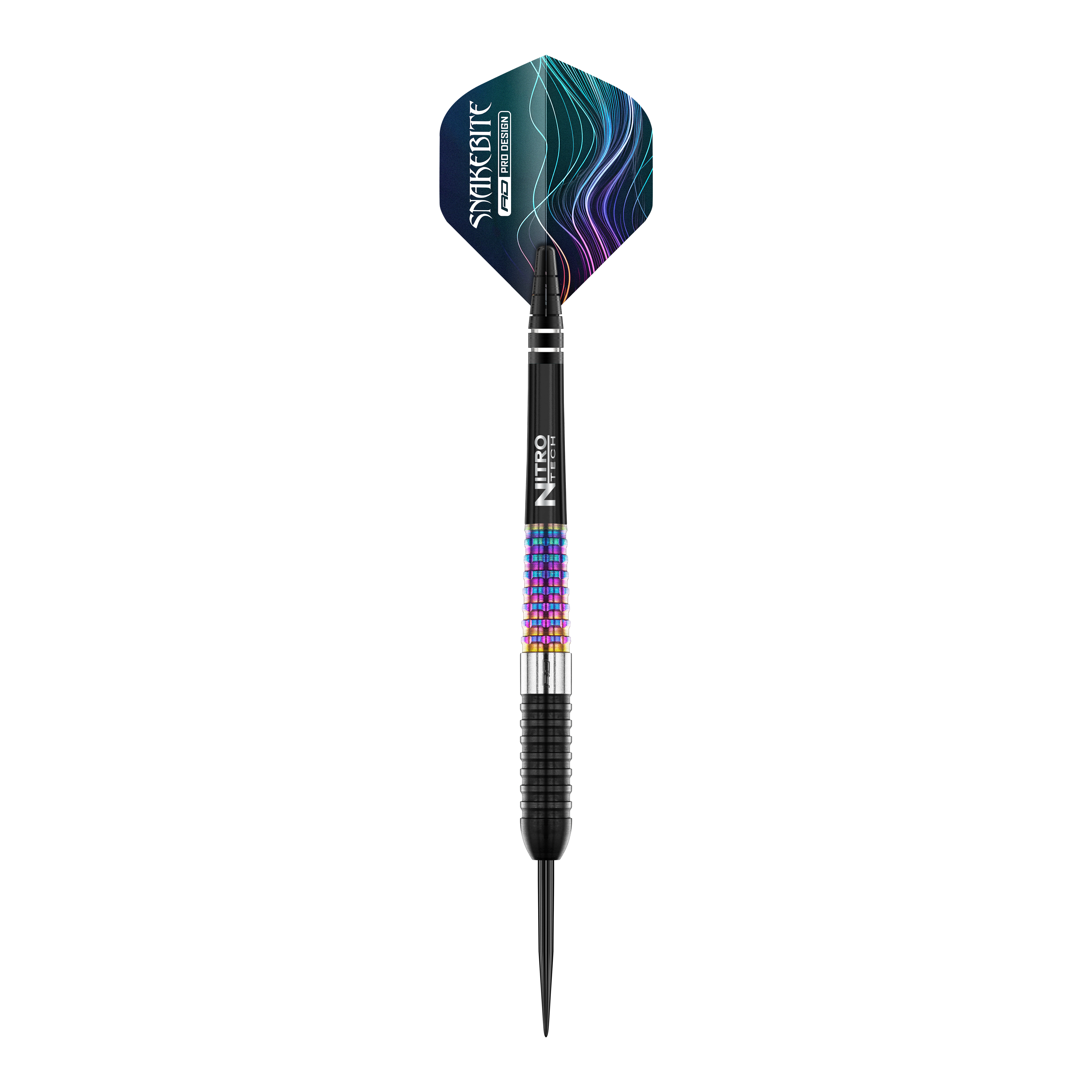 Red Dragon Peter Wright Corra Steeldarts Auf dem Bild ist ein Red Dragon Peter Wright Corra Steeldart zu sehen. Der Dart hat bunte, strukturierte Griffbereiche und ein auffälliges Flight-Design mit blauen und violetten Linien.