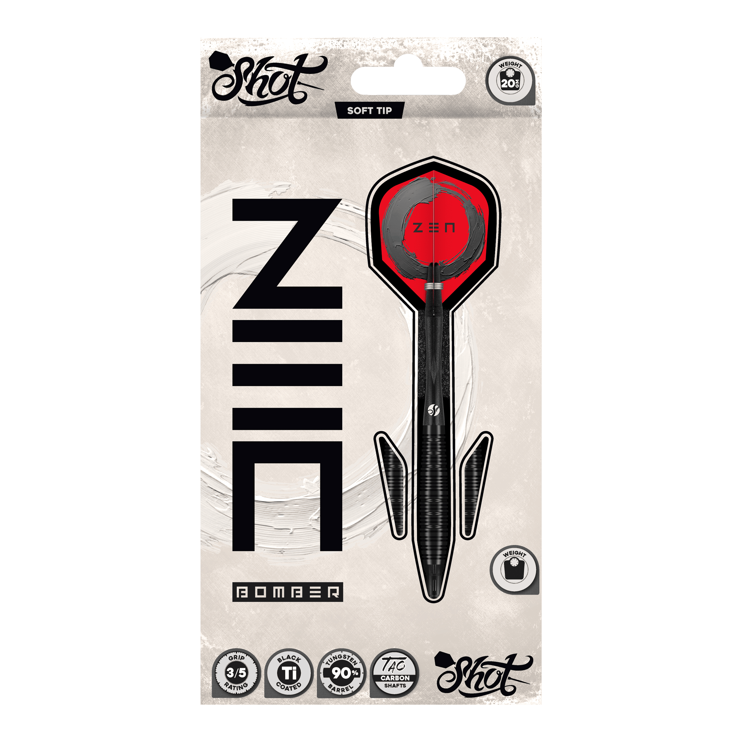 Měkké šipky Shot ZEN Bomber - 20g Hier sieht man die Shot ZEN Bomber Softdarts - 20g. Die Softdarts sind für präzises Werfen und einen sicheren Halt konzipiert.