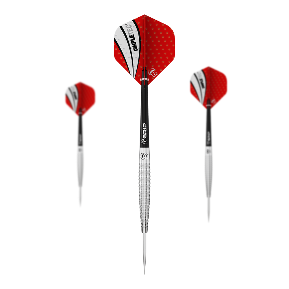 Ocelové šipky Bulls Dot D6 Das Bild zeigt drei Steeldarts mit roten Flights und silbernen Spitzen. Die Flights haben ein weiß-schwarzes Muster mit dem Aufdruck "PIMPLETEC".