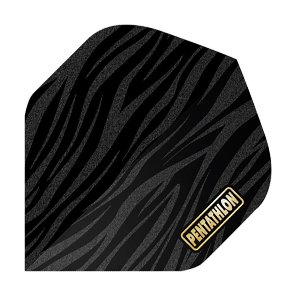 Lety v pětiboji RT Zebra Das Bild zeigt ein Dartflight mit einem Zebra-Muster in Schwarz und Grau. In der unteren Ecke steht das Wort "Pentathlon" in gelber Schrift.