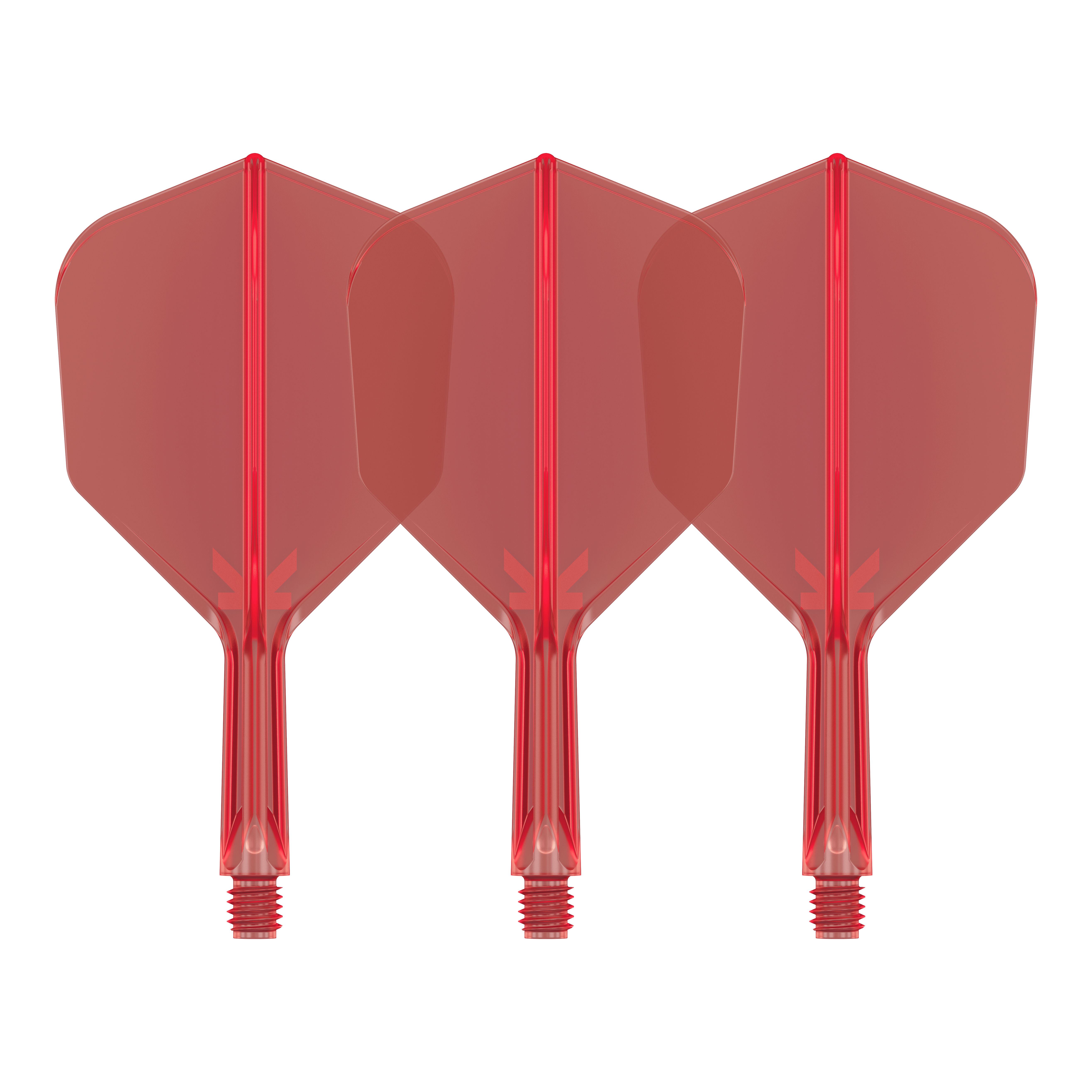 Letový systém Target K-Flex No6 - červený Auf dem Bild sind drei rote Dart-Flights mit Shafts zu sehen. Sie sind identisch und stehen nebeneinander auf weißem Hintergrund.