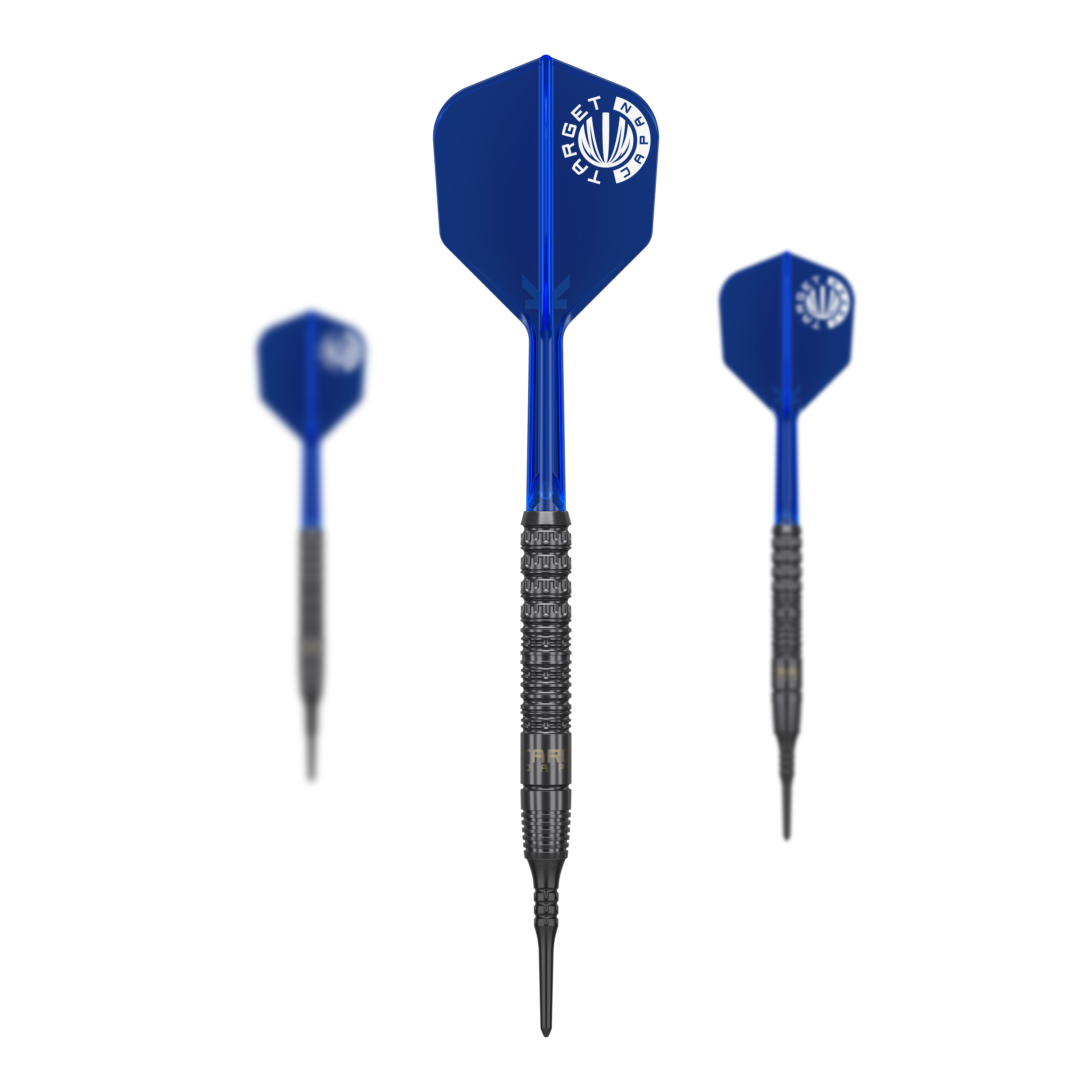 Auf dem Bild sind drei Softdarts mit blauen Flights und schwarzen Spitzen zu sehen. Die Darts tragen das Logo "Target" auf den Flights und sind das Modell "Sereno GEN1 Max" von Toru Suzuki.