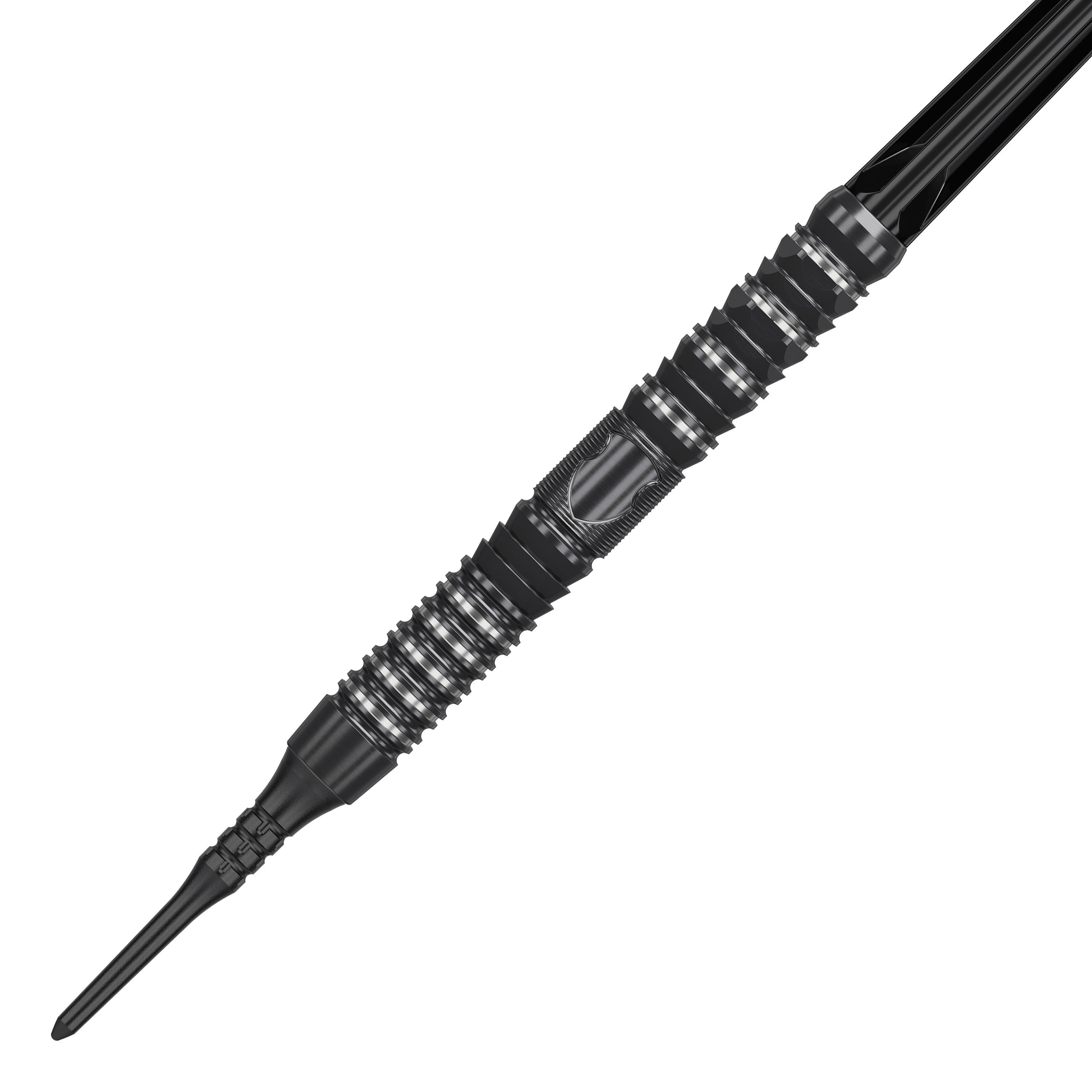 Měkké šipky Target Japan Black Marque Draco GEN2 - 20g Das Bild zeigt einen Target Japan Black Marque Draco GEN2 Softdart mit einem Gewicht von 20g. Der Dart ist schwarz-silbern und hat ein modernes, gerilltes Design für besseren Halt.