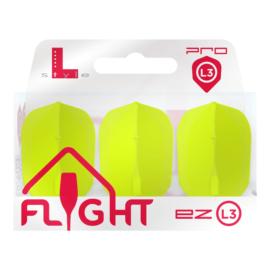 Lety L-L-Style3EZ Das Bild zeigt eine Packung mit drei neon-gelben Dart-Flights der Marke L-Style. Auf der Verpackung steht „FLIGHT ez L3 Pro“.