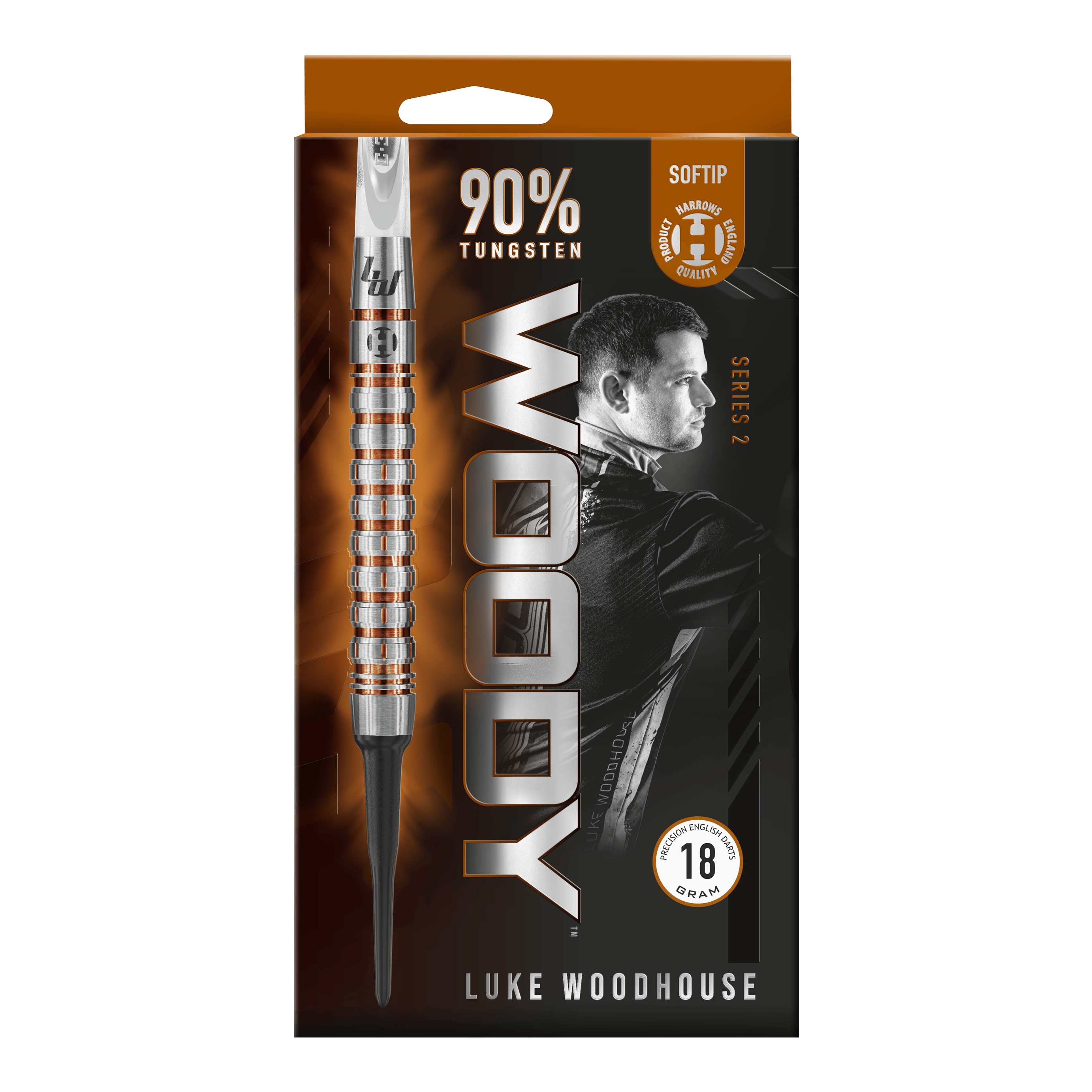 Harrow's Luke Woodhouse Series 2 měkké šipky - 18g Die Verpackung zeigt die Harrows Luke Woodhouse Series 2 Softdarts mit einem Gewicht von 18 Gramm. Auf der Vorderseite ist ein großes Bild eines Softdarts sowie das Porträt von Luke Woodhouse abgebildet.