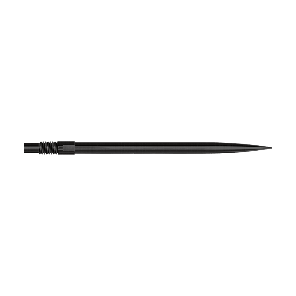 Špičky šipek Harrows Quick Point - černé Schwarze Dartspitzen mit einer Länge von 40 mm sind zu sehen. Sie liegen sortiert auf einer hellen Fläche.