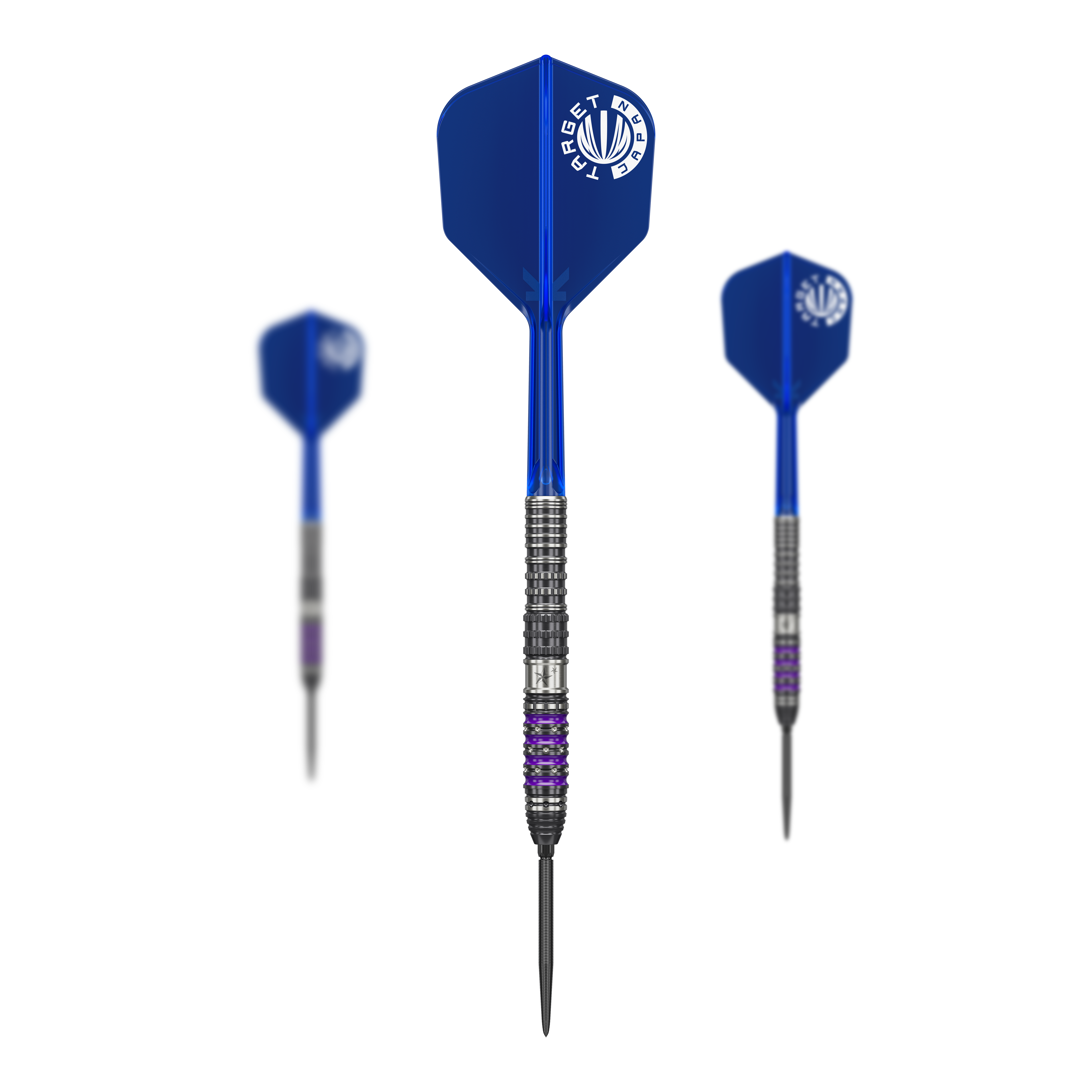 Das Bild zeigt drei Steeldarts der Marke "Target Japan Prime Series Sirius GEN4 Swiss Point". Die Darts haben blaue Flights und metallisch-silberne Spitzen mit lila Akzenten.