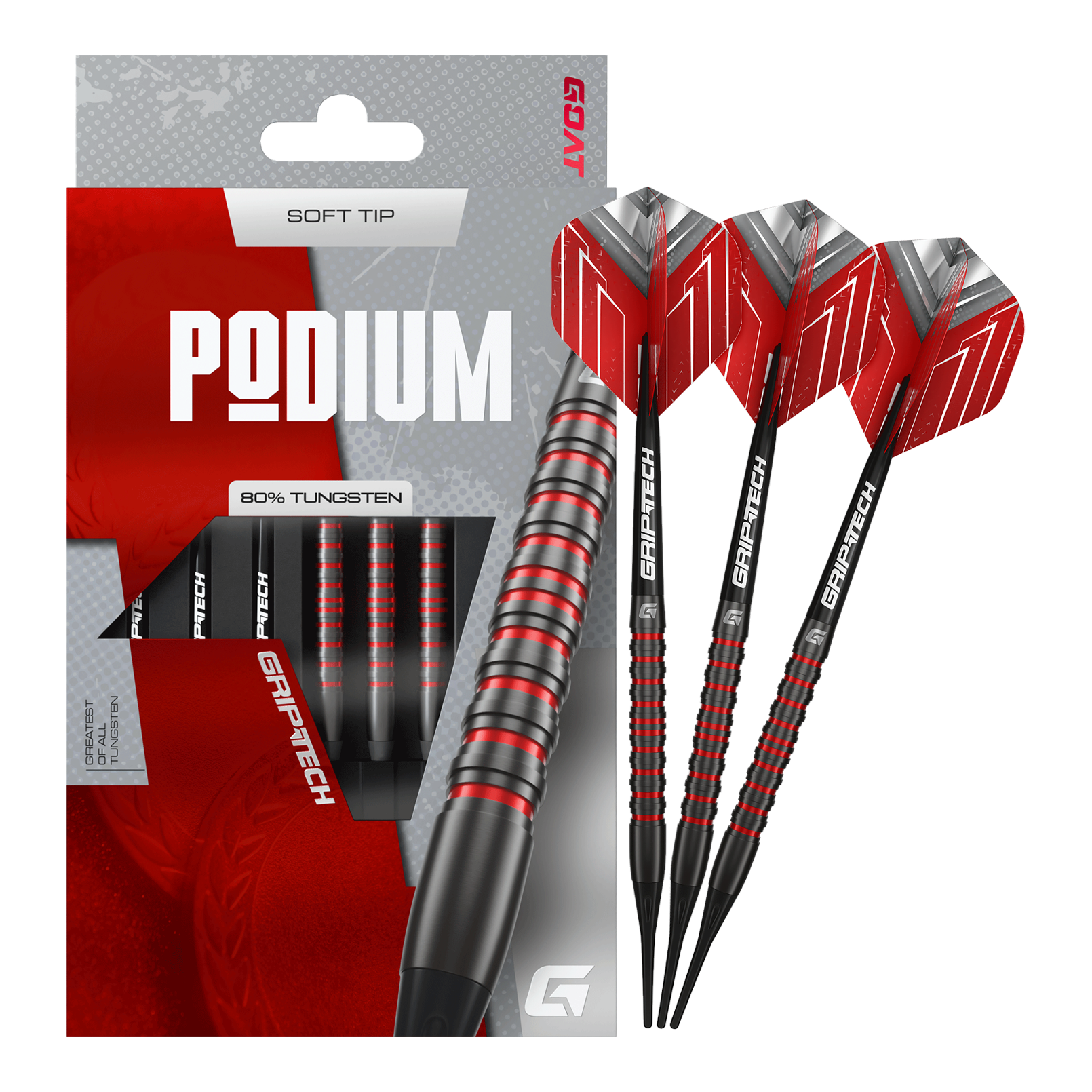 Hier sieht man die GOAT Podium Black Softdarts - 20g in voller Länge. Die schwarzen Darts sind detailliert dargestellt.