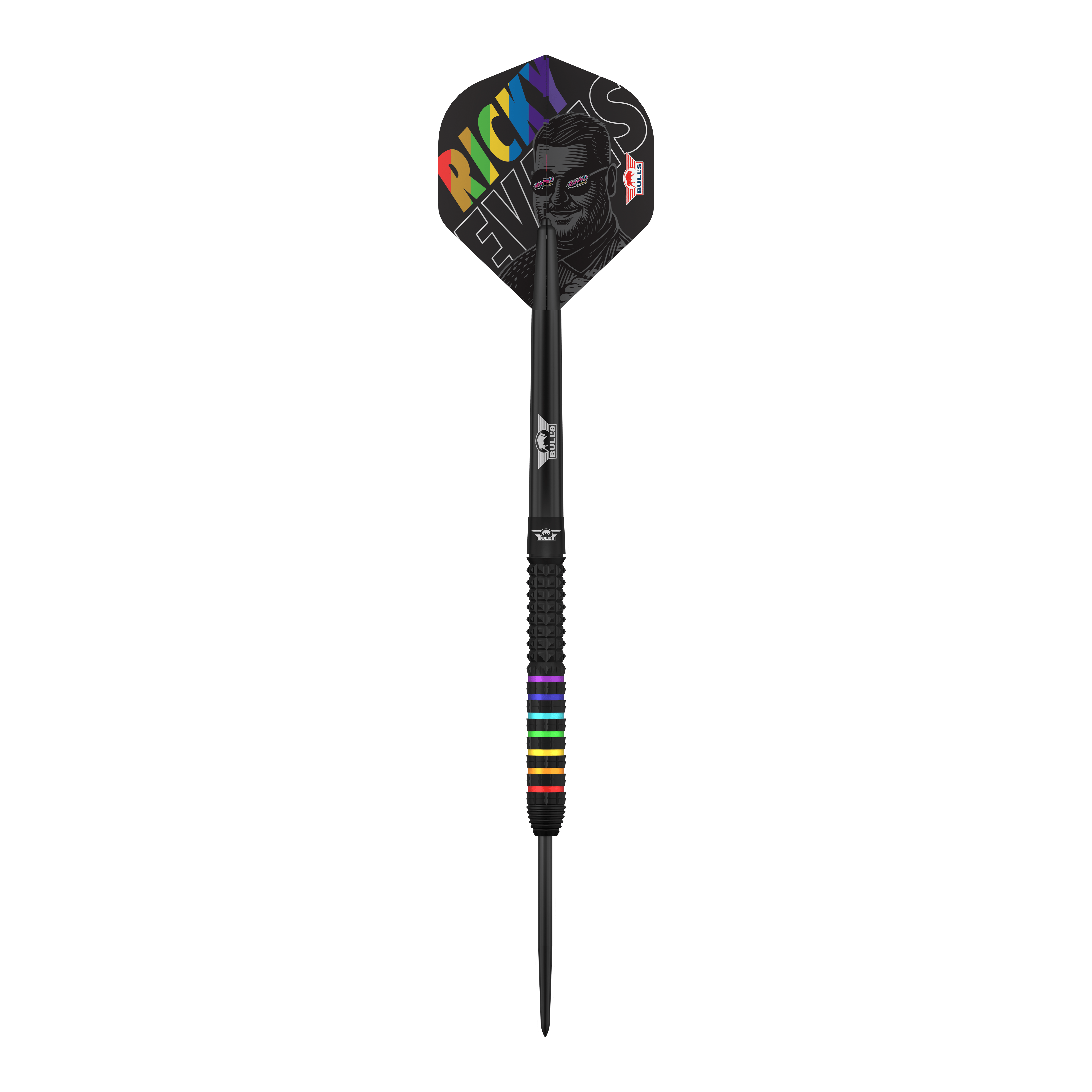 Ocelové šipky Bulls NL Ricky Evans Rapid 95 Zu sehen ist das Produkt Bulls NL Ricky Evans Rapid 95 Steeldarts - 23g. Die Aufnahme fokussiert auf die Optik des Dartpfeils.