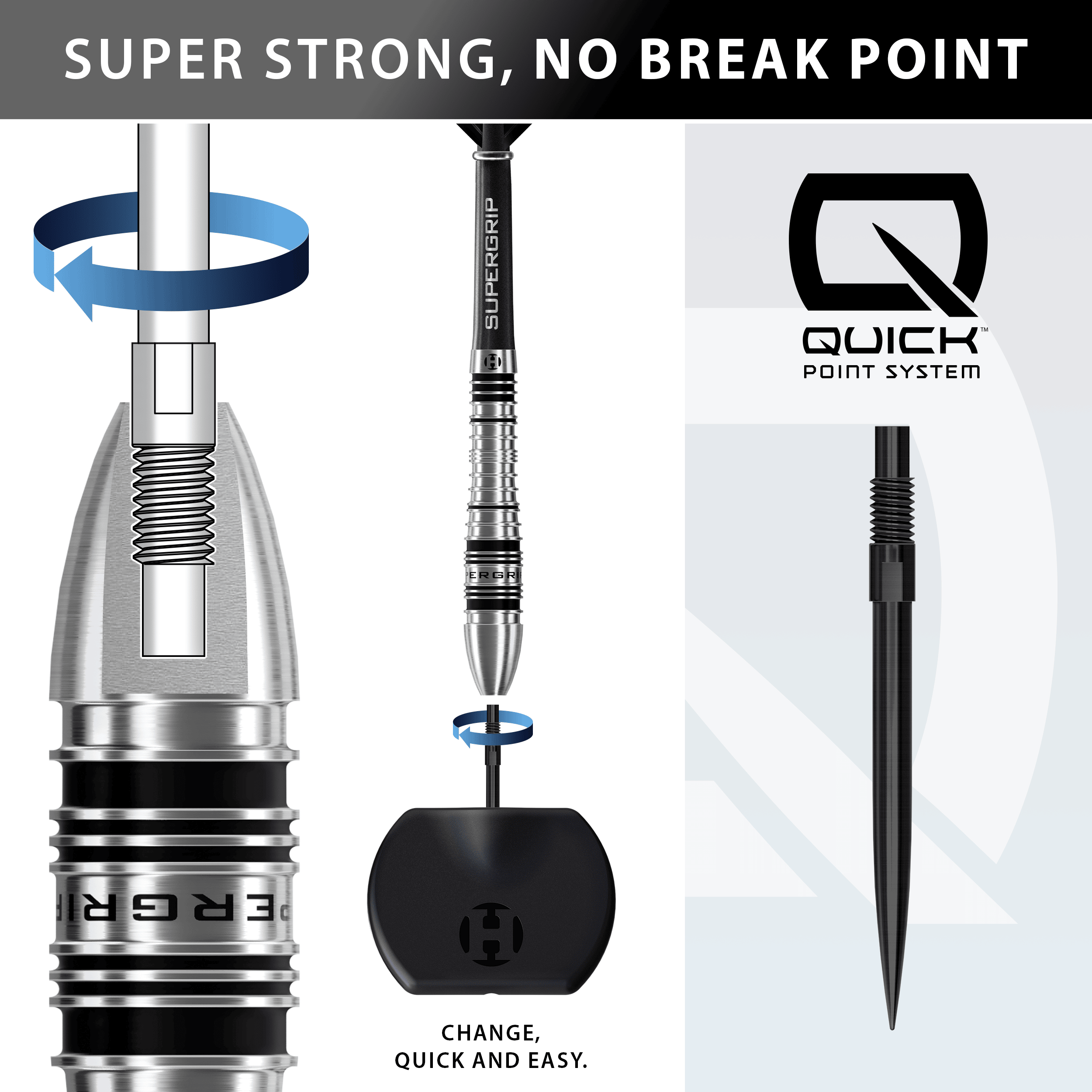 Auf dem Bild sieht man die Harrows Supergrip Bomb Quick Point Steeldarts. Diese Darts sind ideal für ambitionierte Dartspieler.